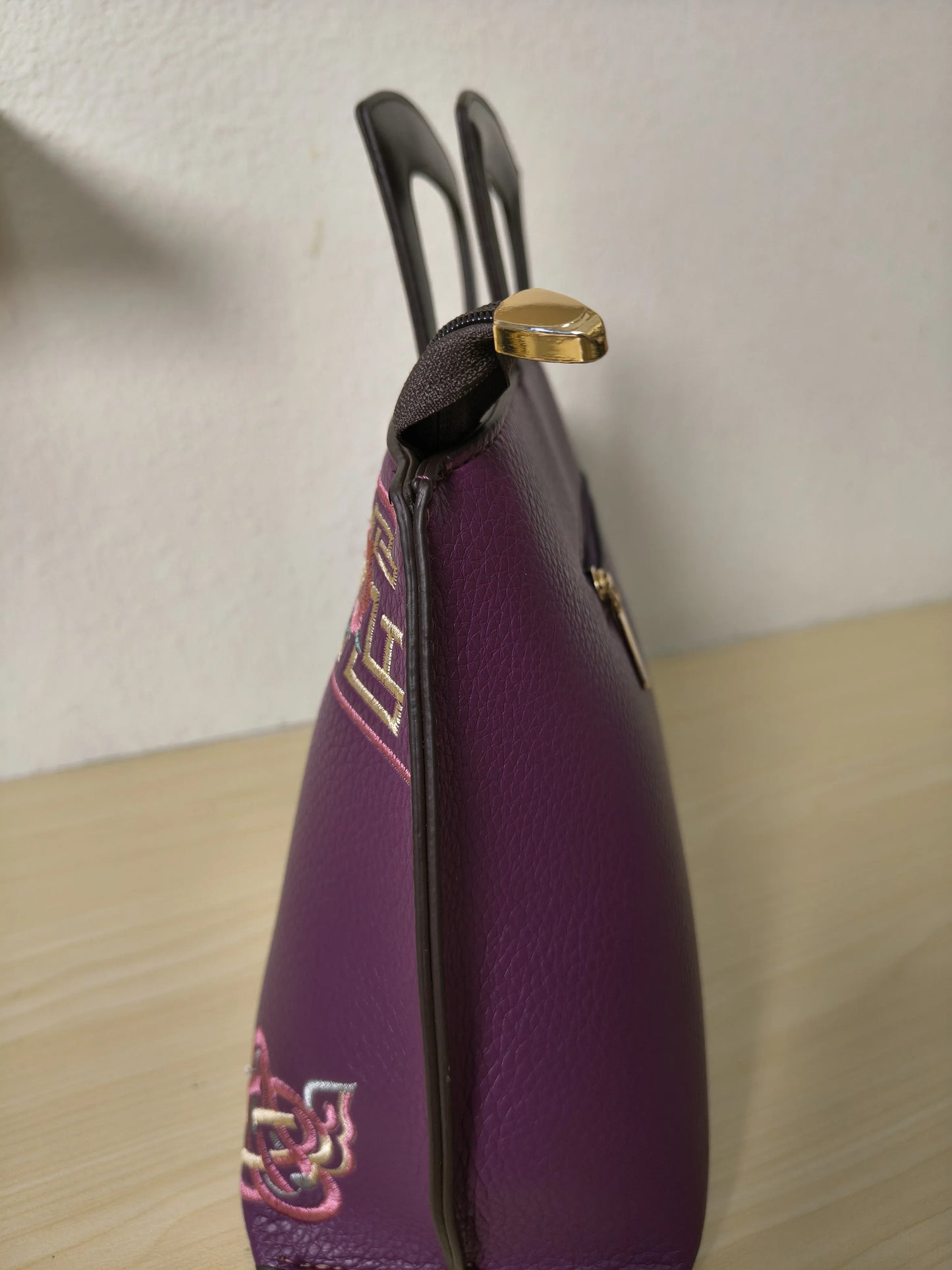 Deep Purple Golden Lotus & Peony Embroidery Structured Tote Bag (E22)