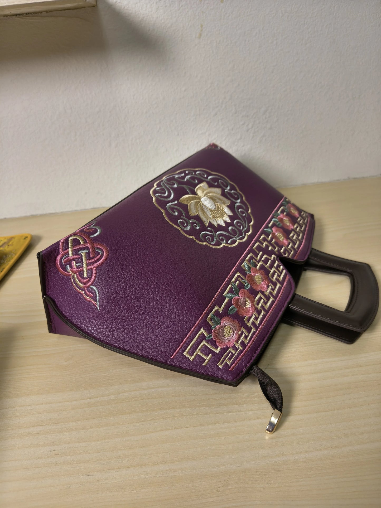 Deep Purple Golden Lotus & Peony Embroidery Structured Tote Bag (E22)