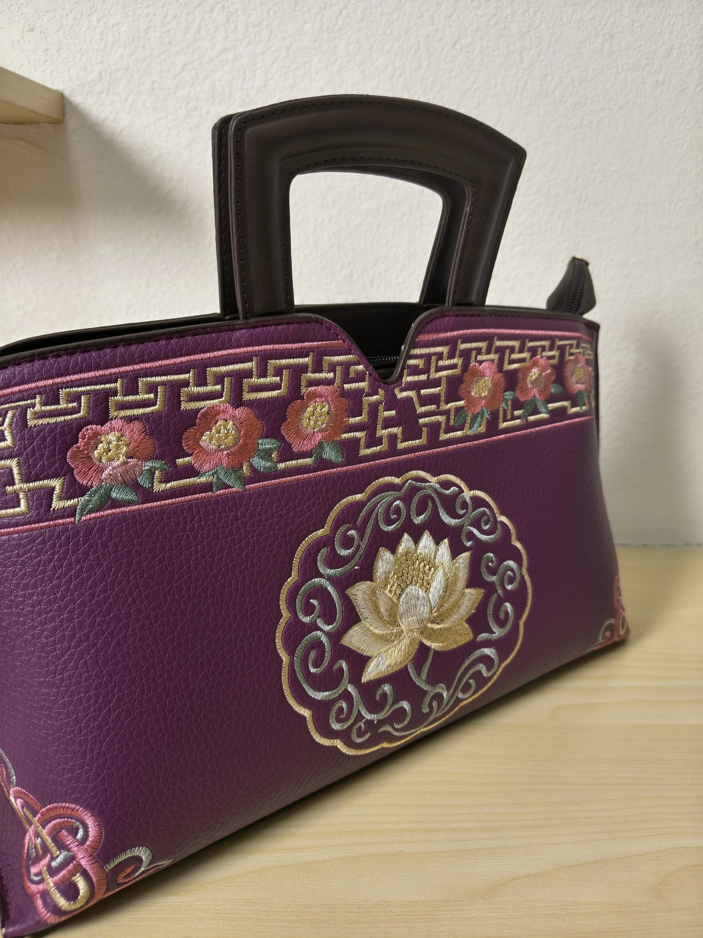 Deep Purple Golden Lotus & Peony Embroidery Structured Tote Bag (E22)