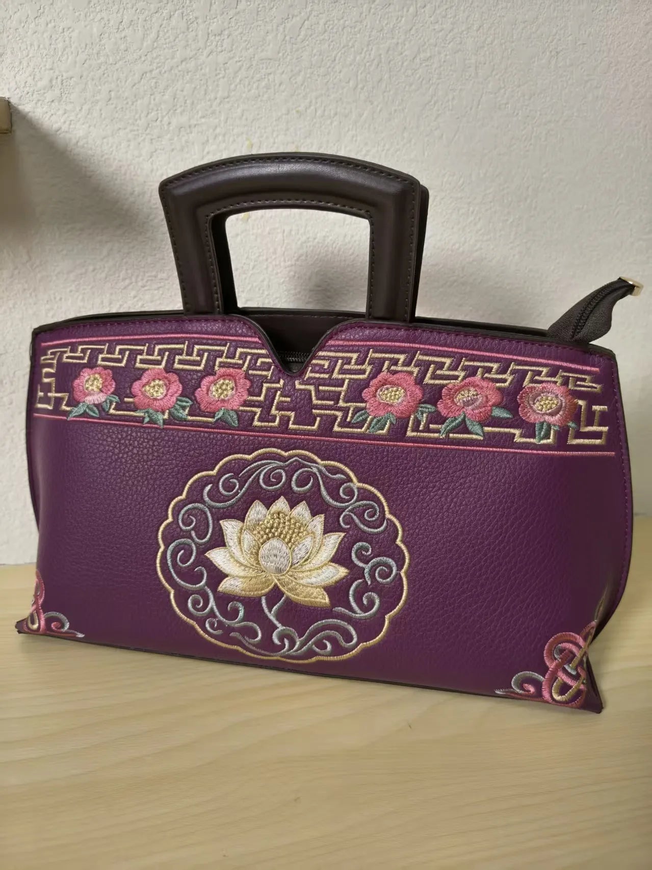 Deep Purple Golden Lotus & Peony Embroidery Structured Tote Bag (E22)
