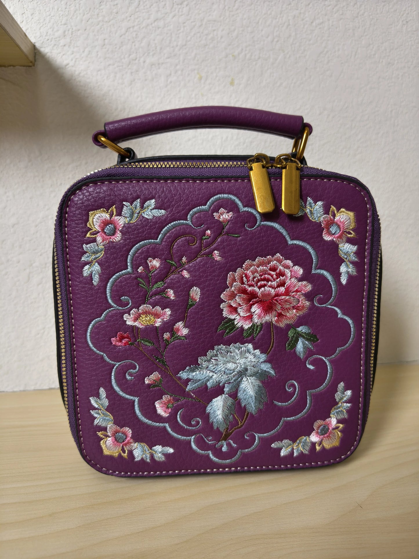 Deep Purple Peony Embroidery Vintage Box Bag (E28)