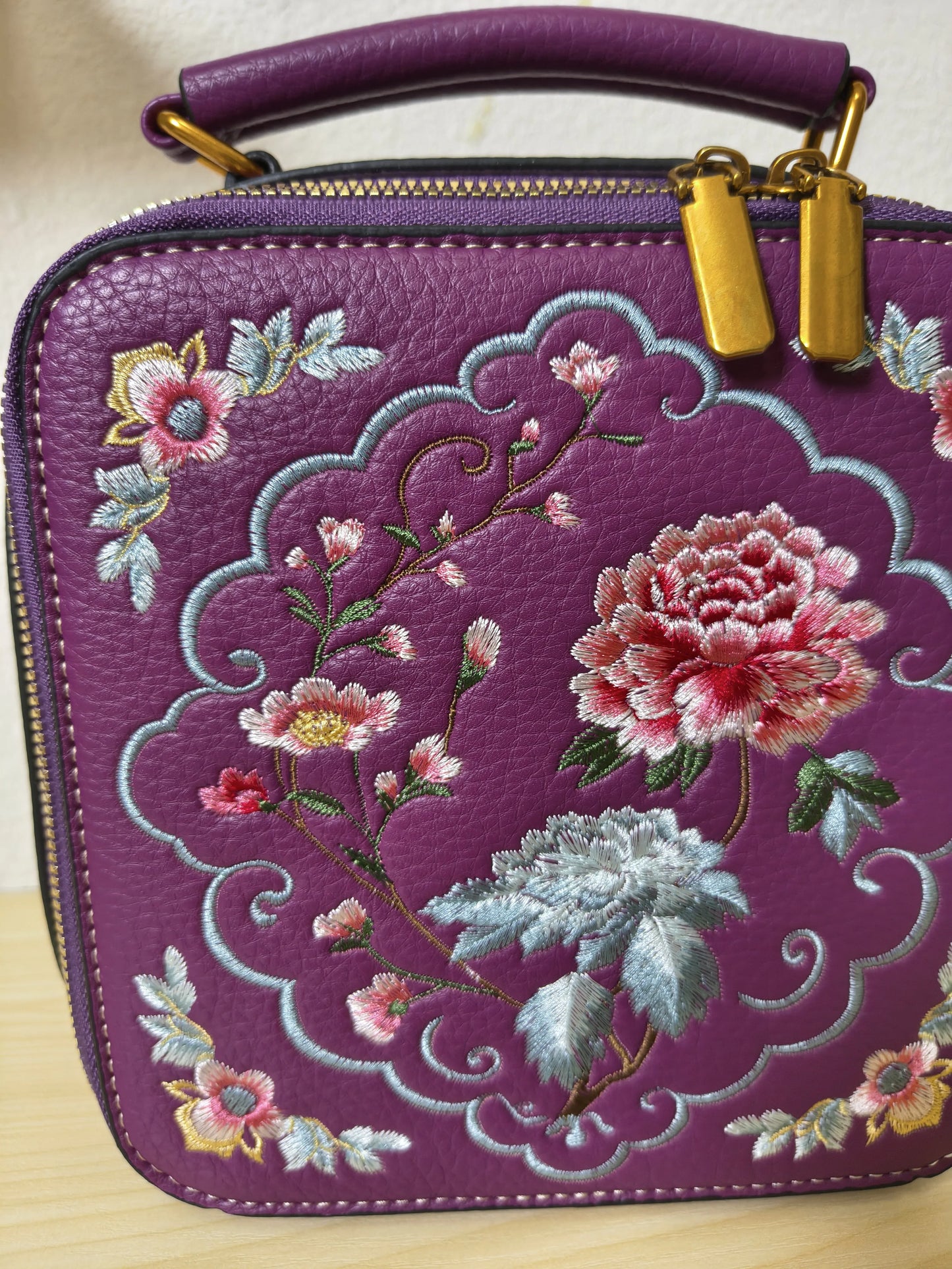 Deep Purple Peony Embroidery Vintage Box Bag (E28)