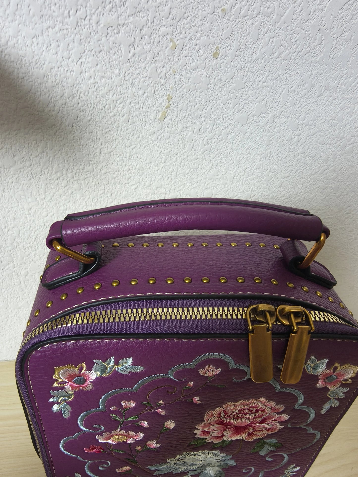 Deep Purple Peony Embroidery Vintage Box Bag (E28)