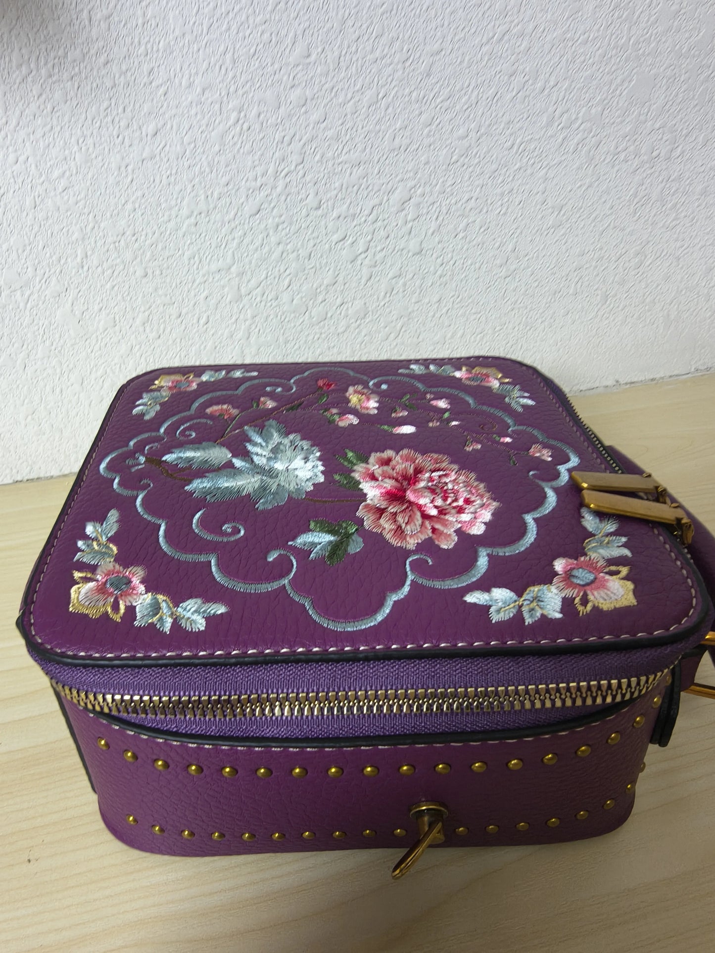 Deep Purple Peony Embroidery Vintage Box Bag (E28)