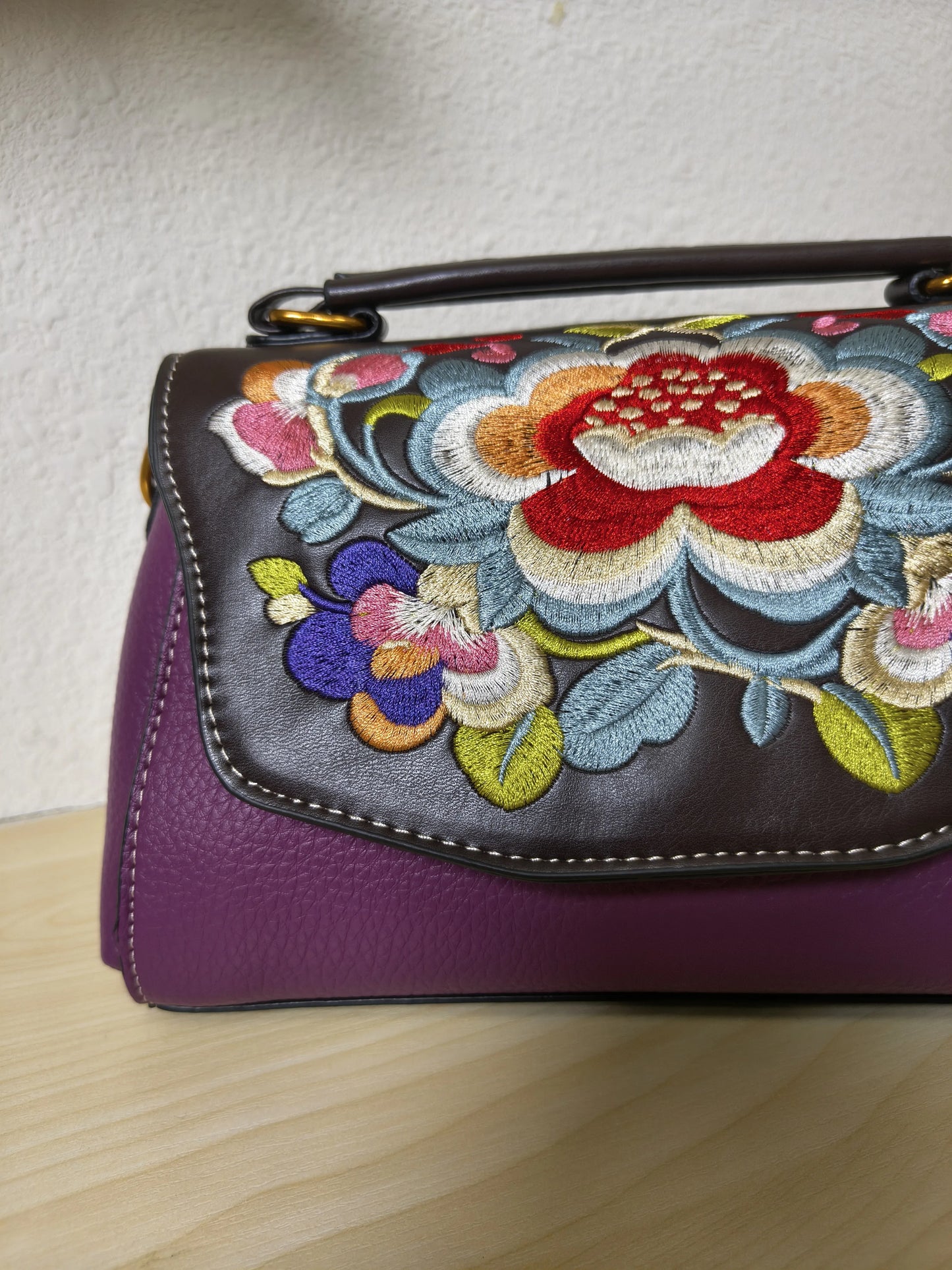 Deep Purple Lychee & Colorful Floral Embroidery Tote Bag (E36)
