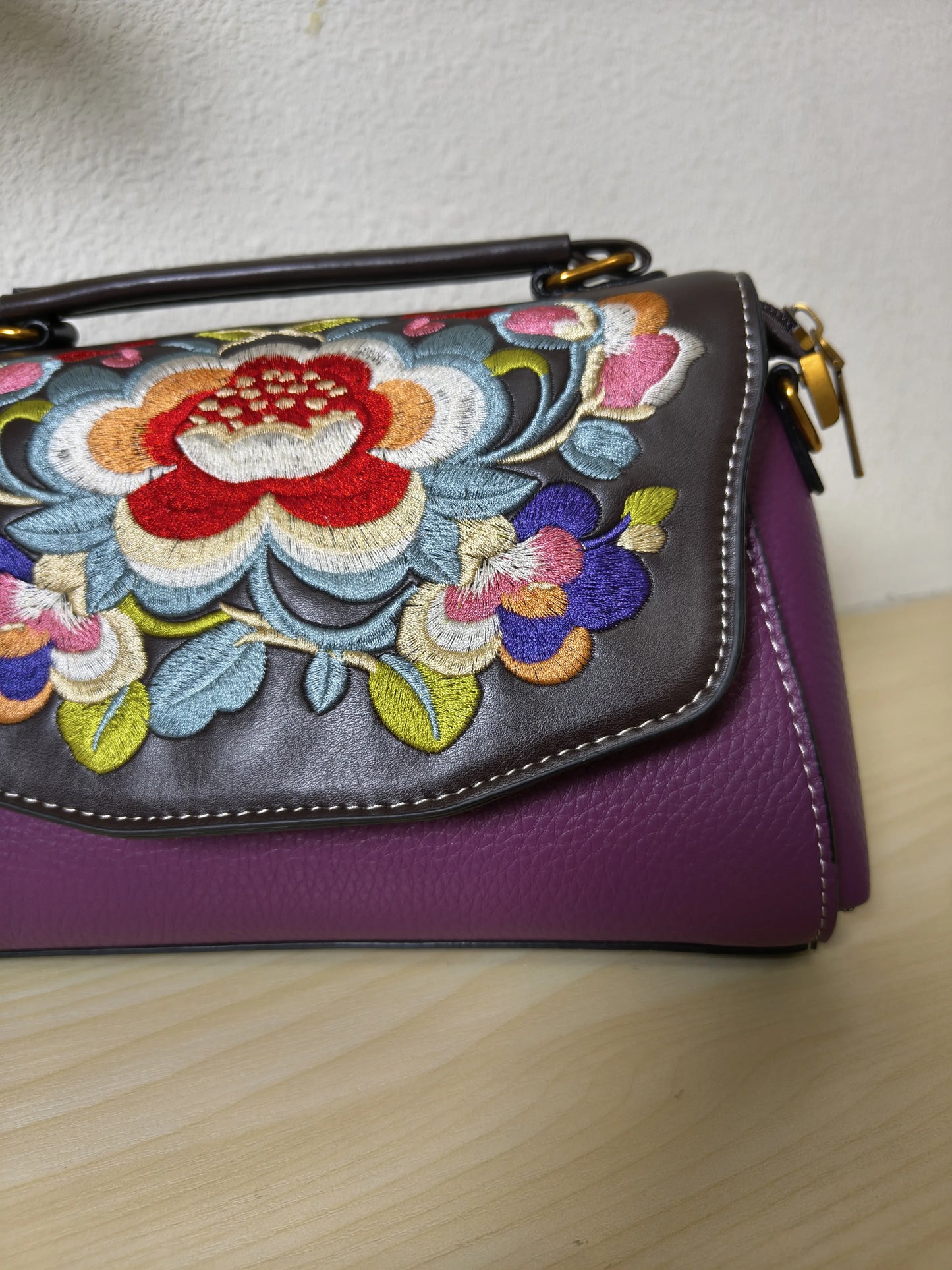 Deep Purple Lychee & Colorful Floral Embroidery Tote Bag (E36)