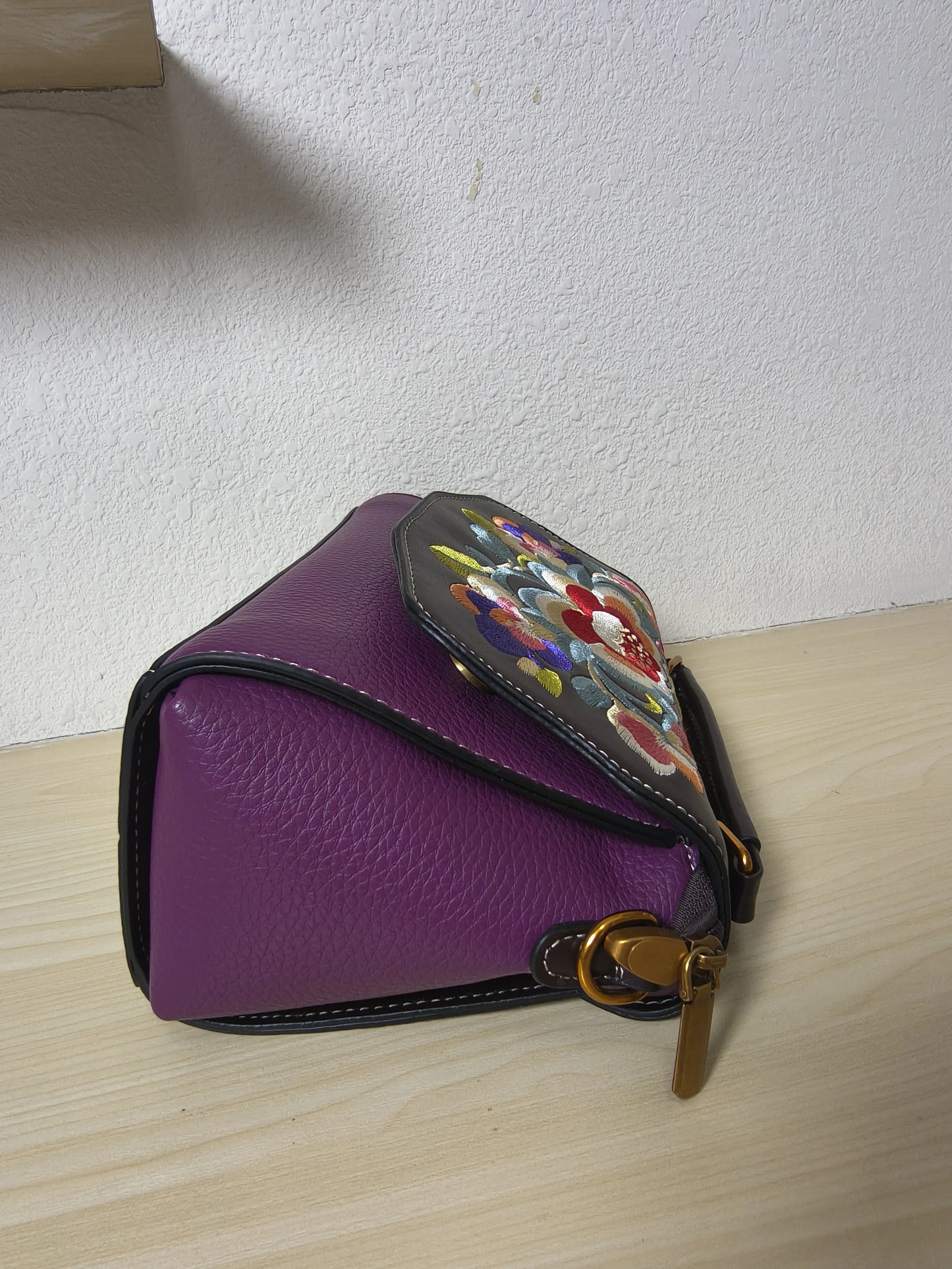 Deep Purple Lychee & Colorful Floral Embroidery Tote Bag (E36)