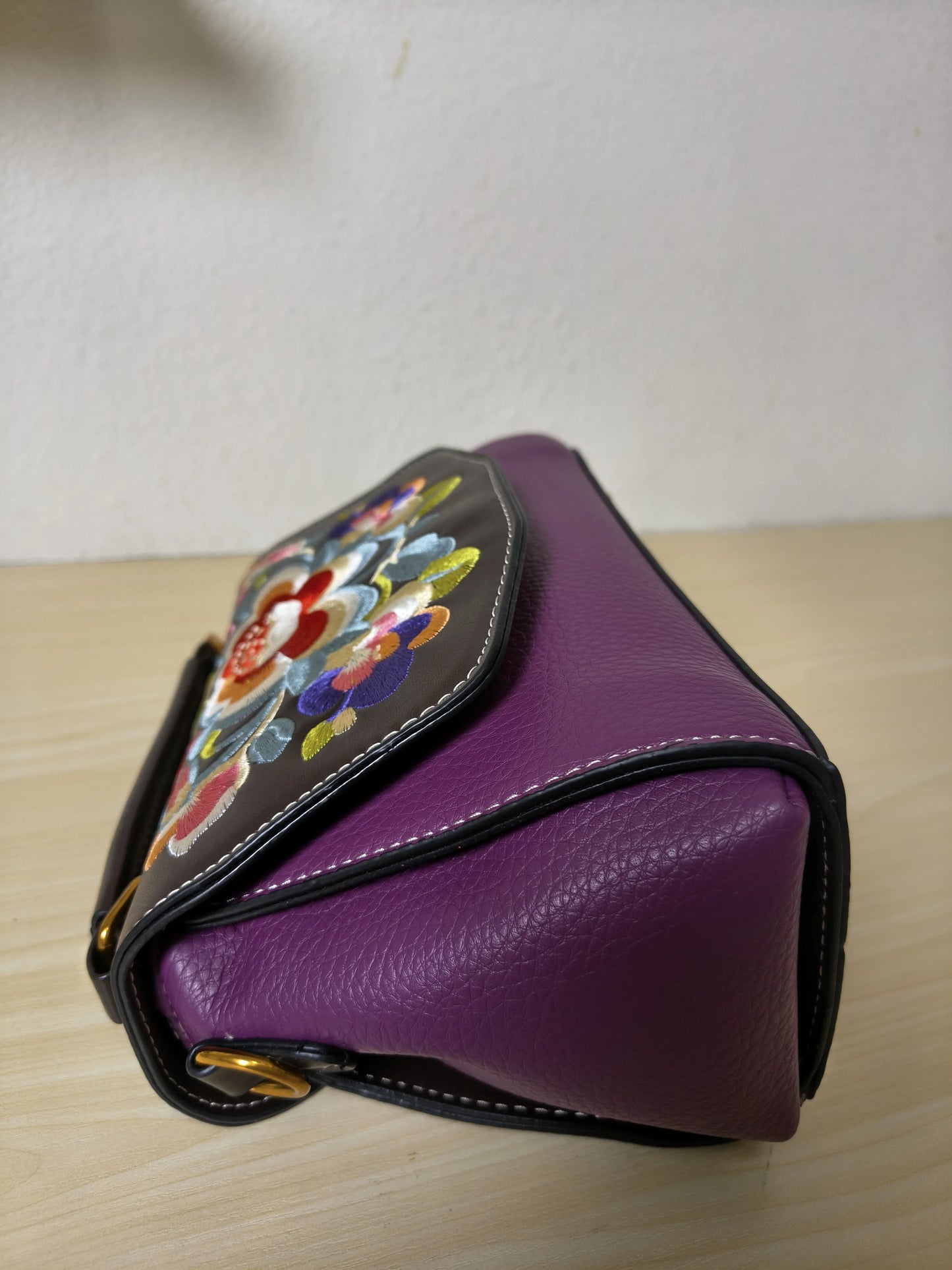 Deep Purple Lychee & Colorful Floral Embroidery Tote Bag (E36)