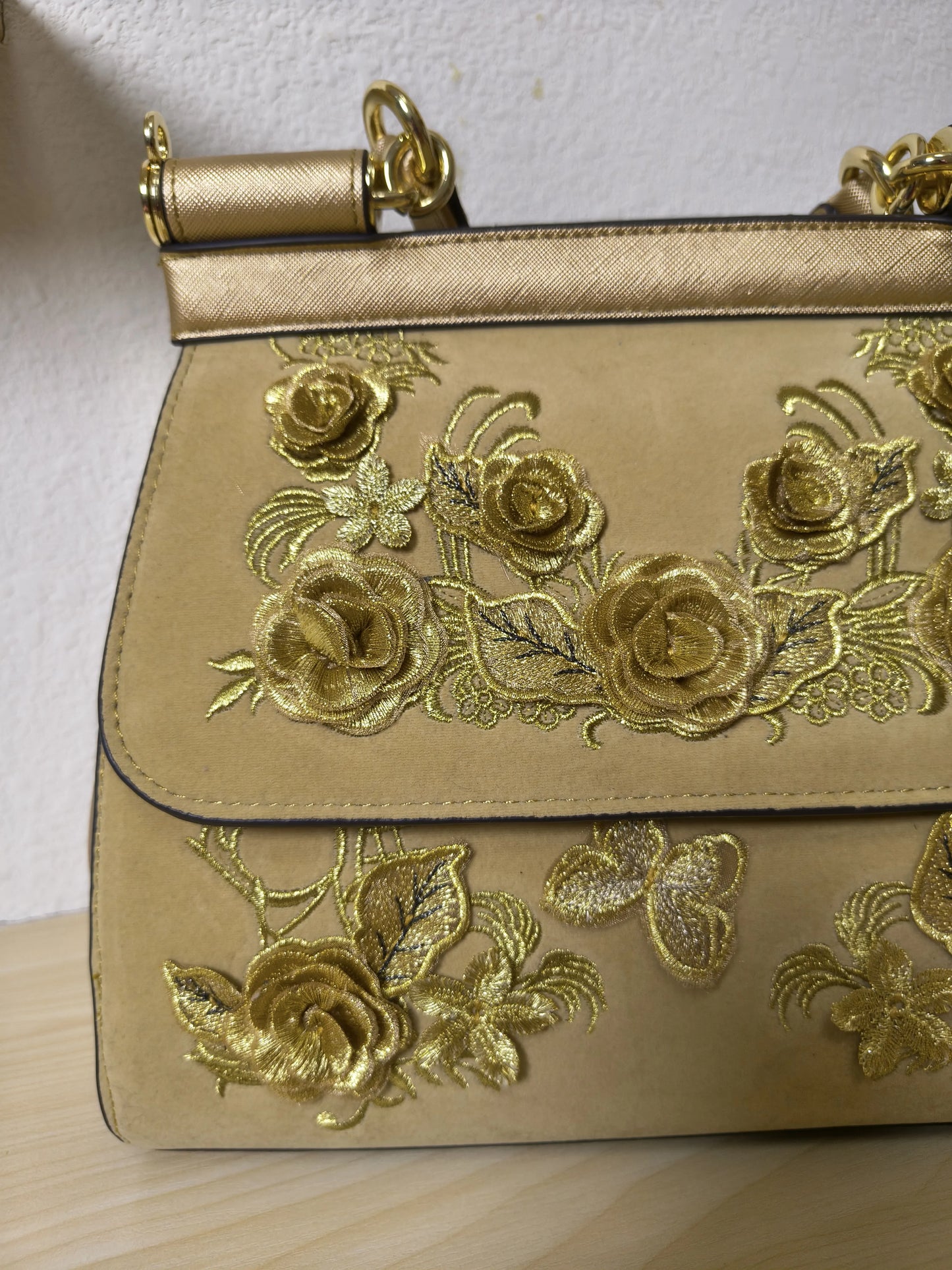 Gold Structured Velvet Rose Embroidery Tote Bag (E40)