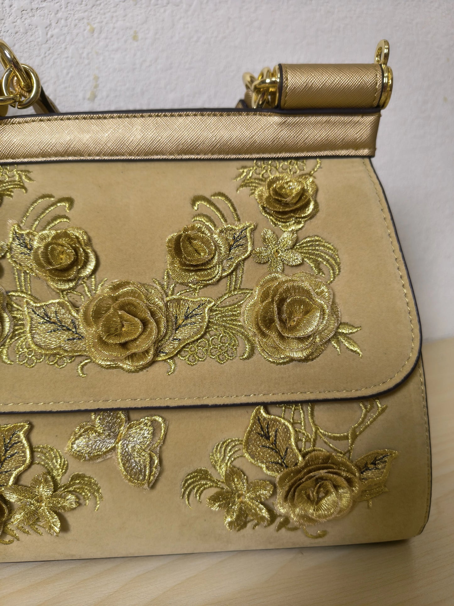 Gold Structured Velvet Rose Embroidery Tote Bag (E40)