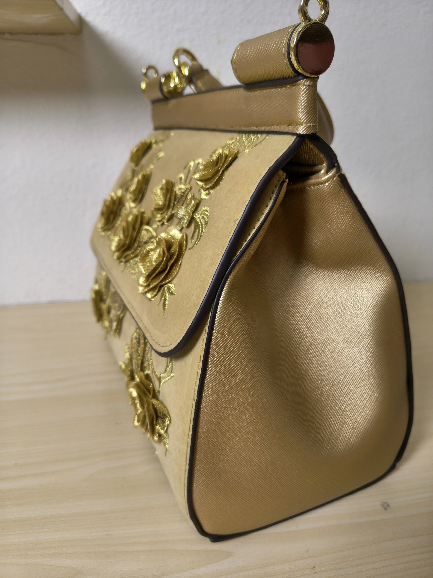 Gold Structured Velvet Rose Embroidery Tote Bag (E40)
