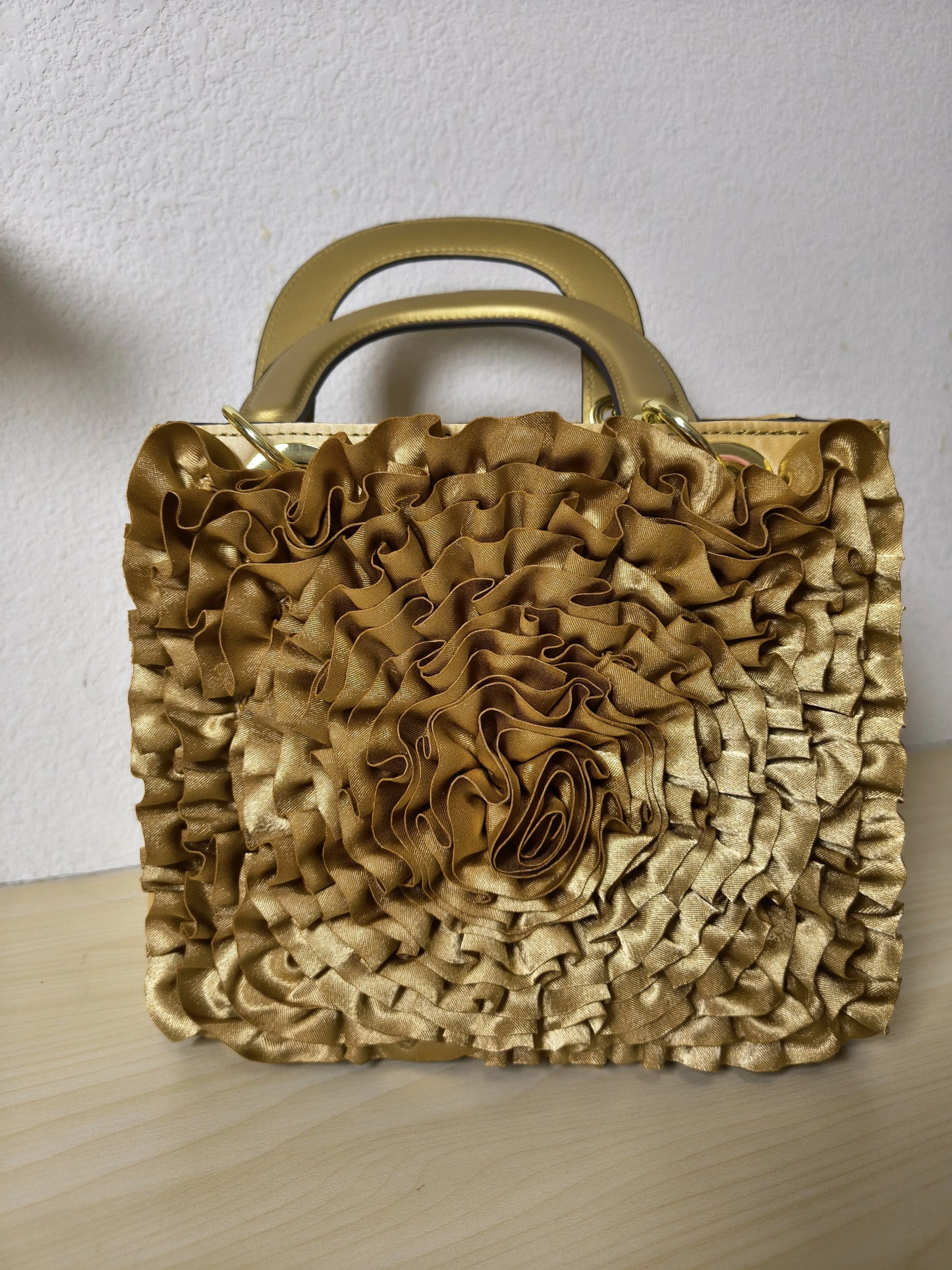 Gold Structured Satin Rose Ruffle Tote Bag (E42)