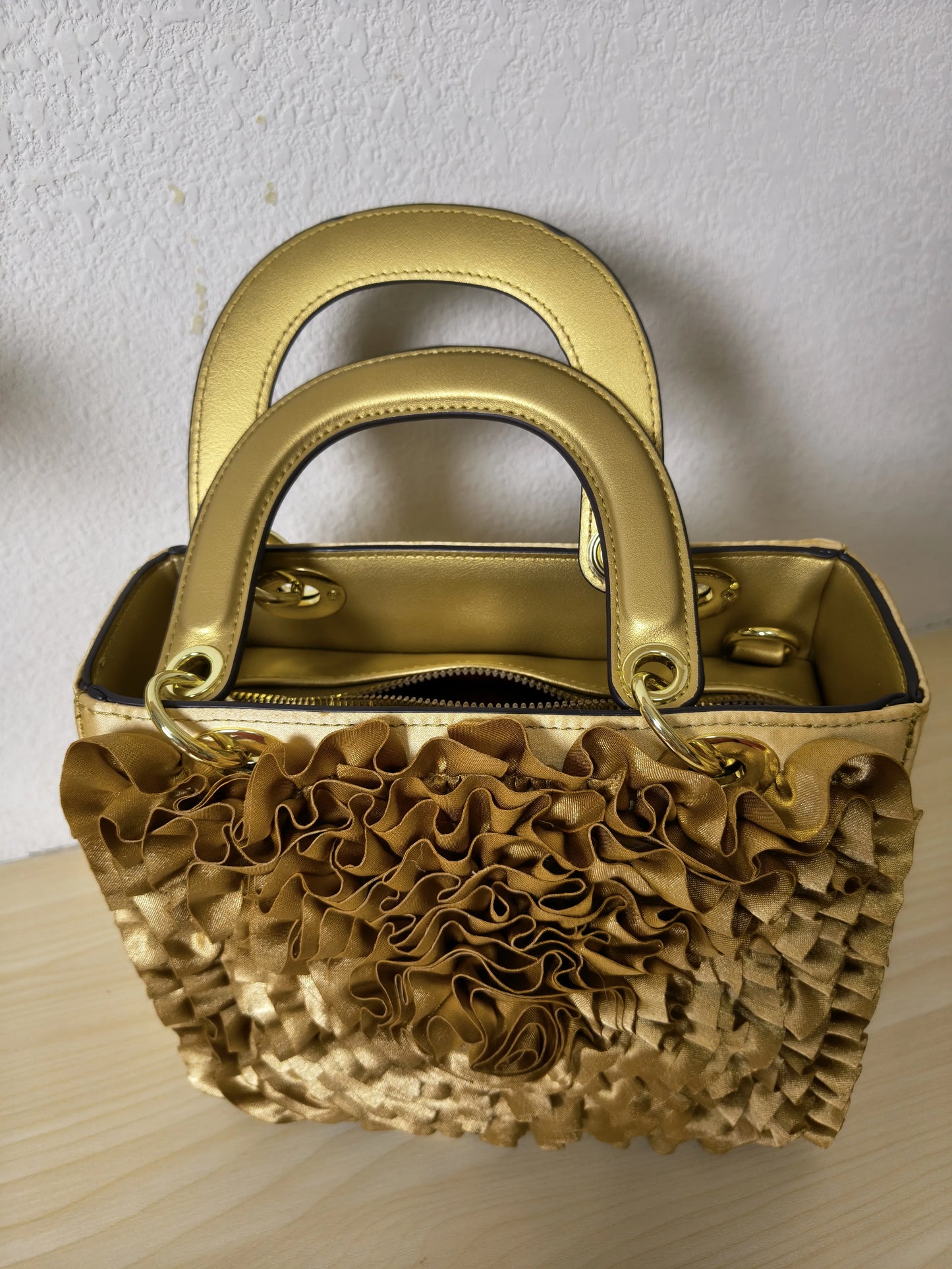 Gold Structured Satin Rose Ruffle Tote Bag (E42)