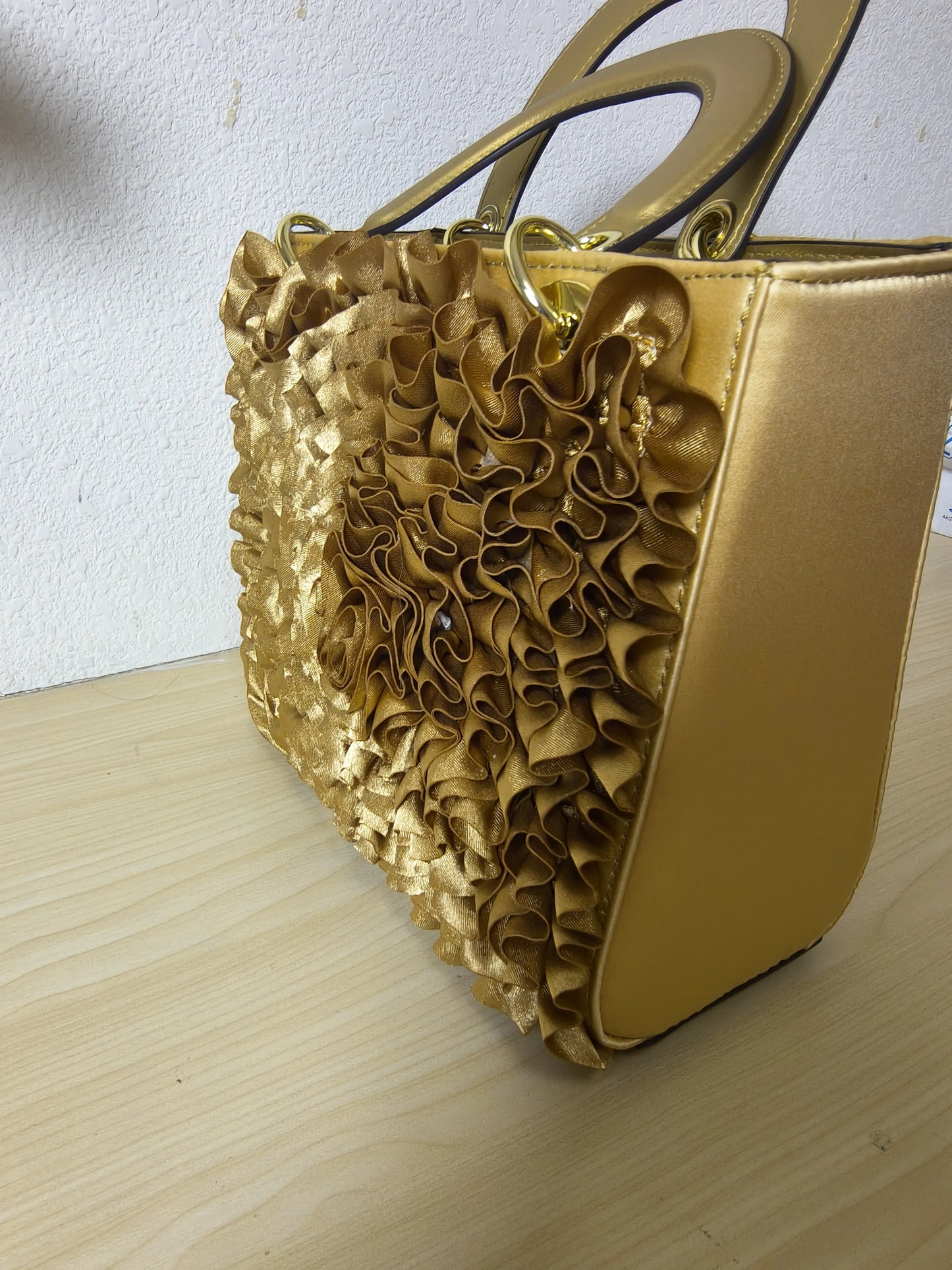 Gold Structured Satin Rose Ruffle Tote Bag (E42)