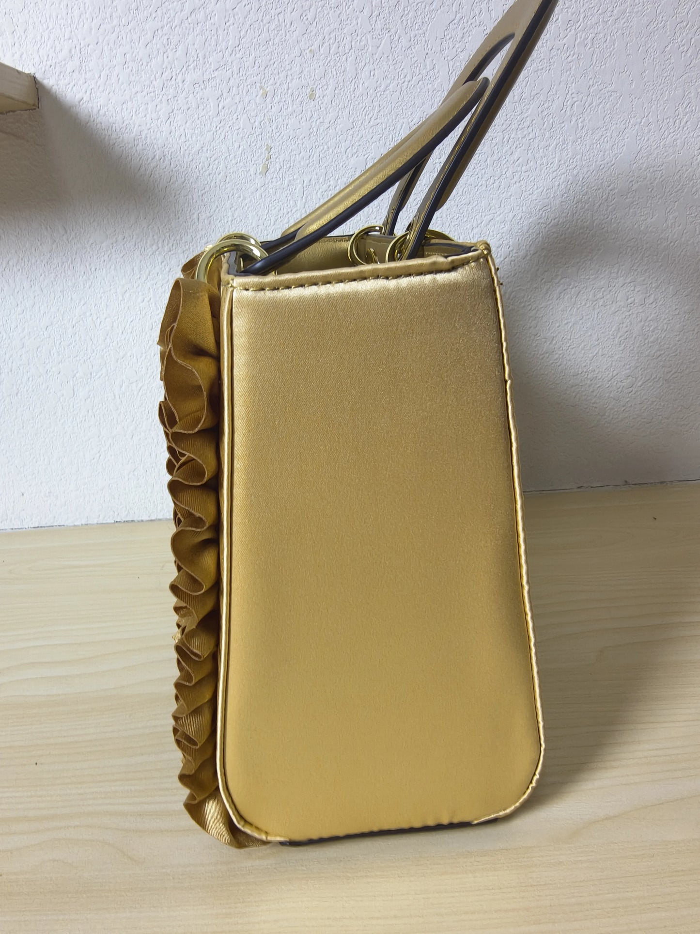 Gold Structured Satin Rose Ruffle Tote Bag (E42)