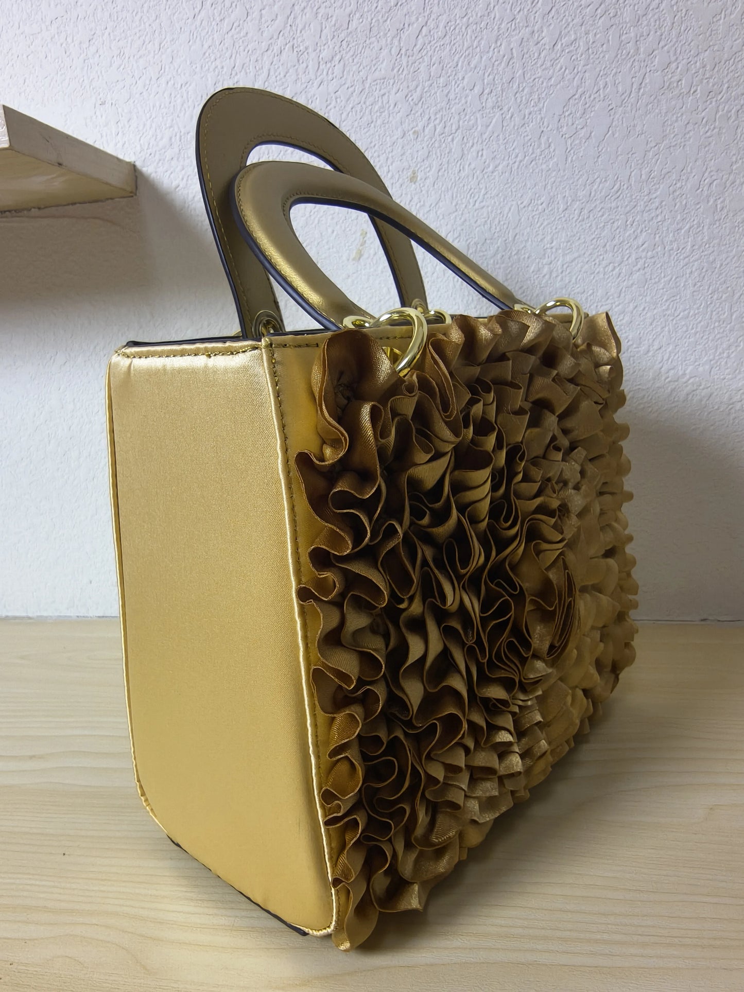 Gold Structured Satin Rose Ruffle Tote Bag (E42)