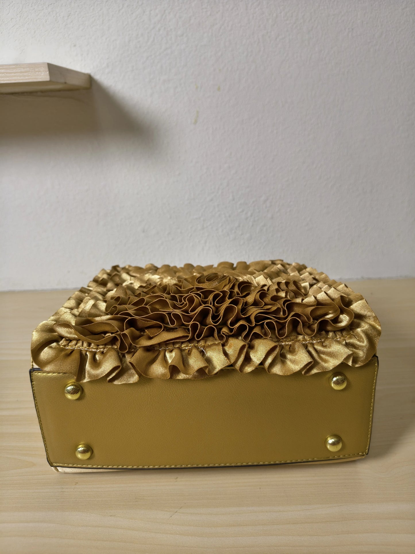 Gold Structured Satin Rose Ruffle Tote Bag (E42)