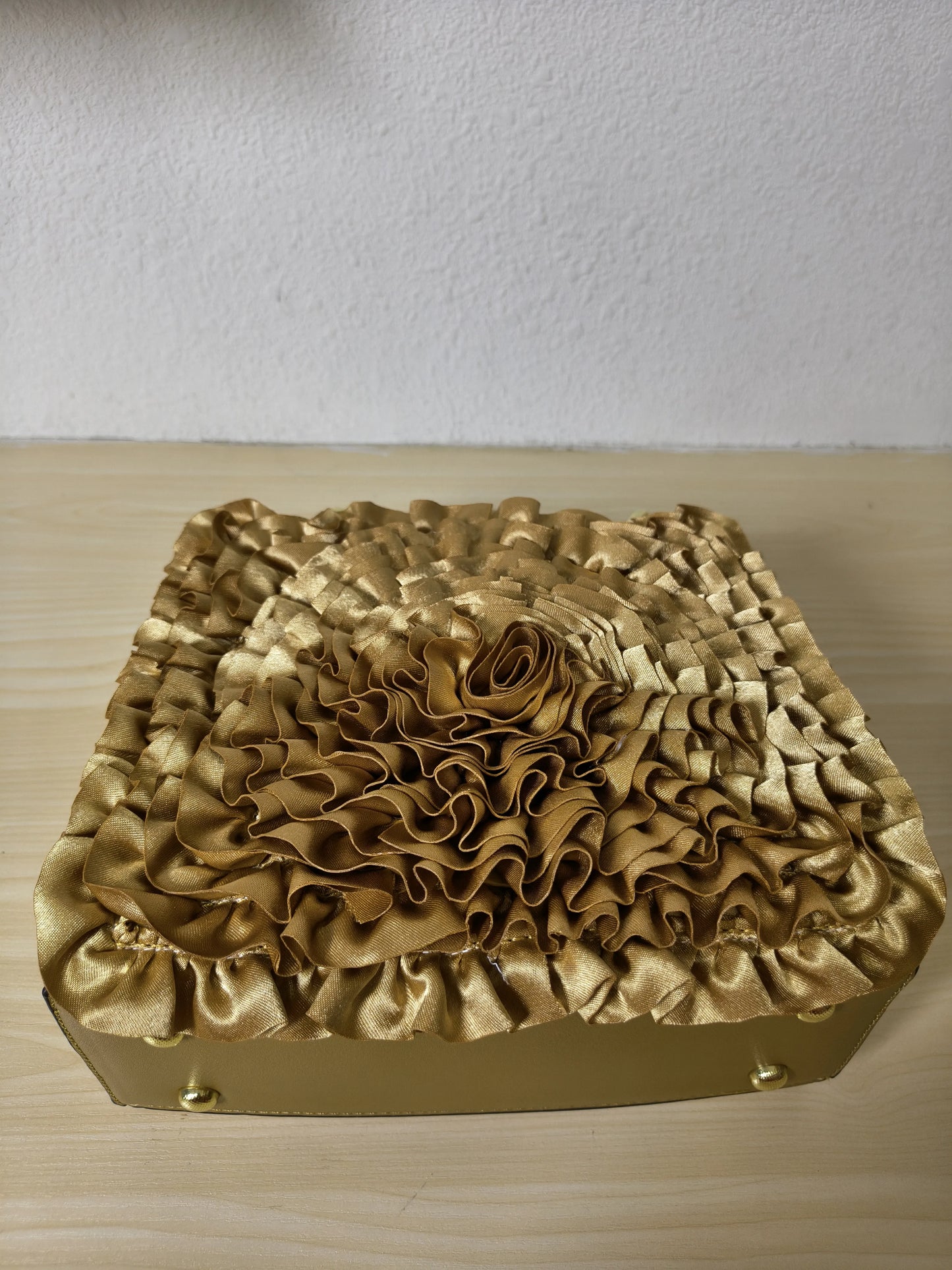 Gold Structured Satin Rose Ruffle Tote Bag (E42)