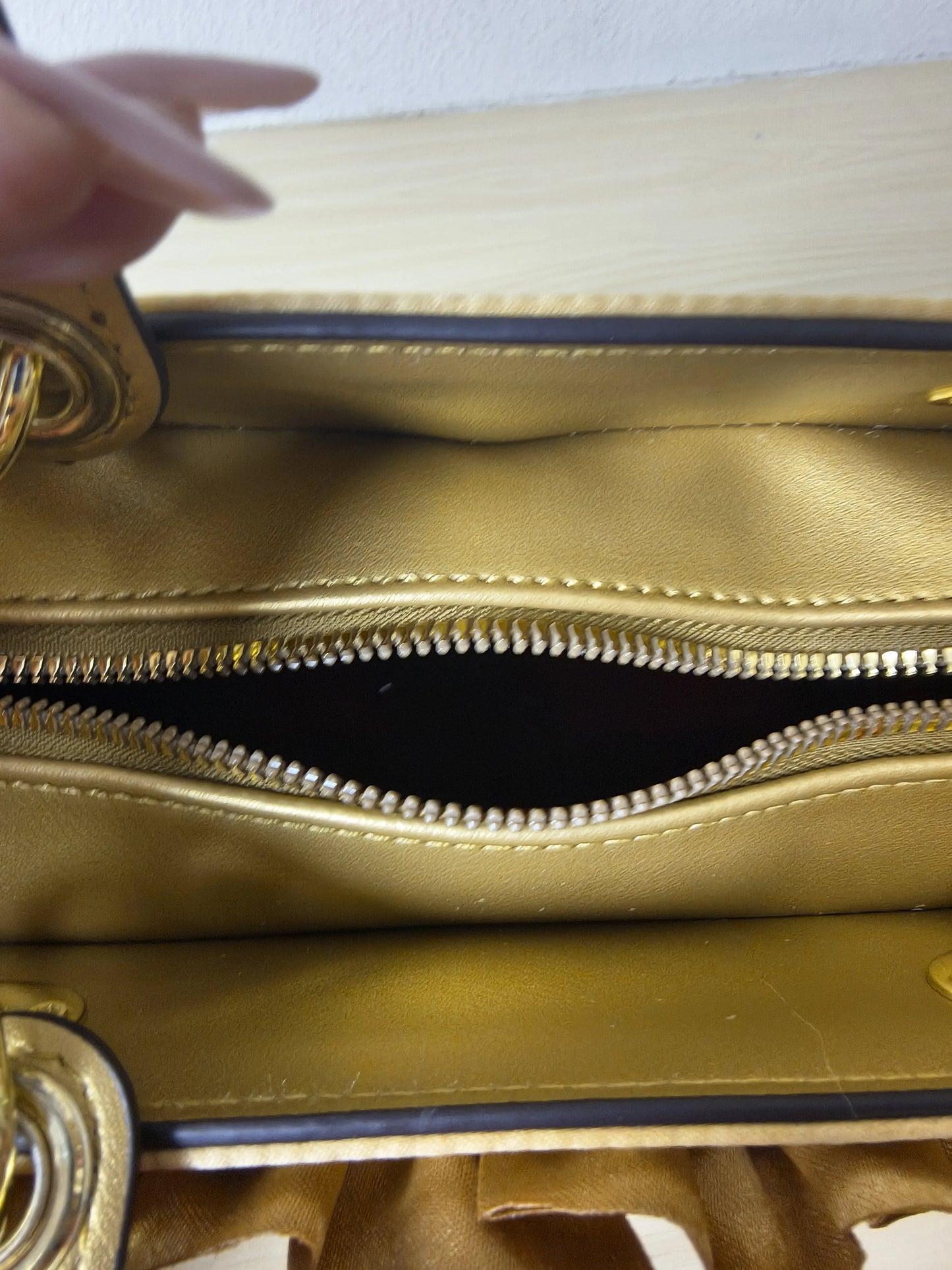Gold Structured Satin Rose Ruffle Tote Bag (E42)