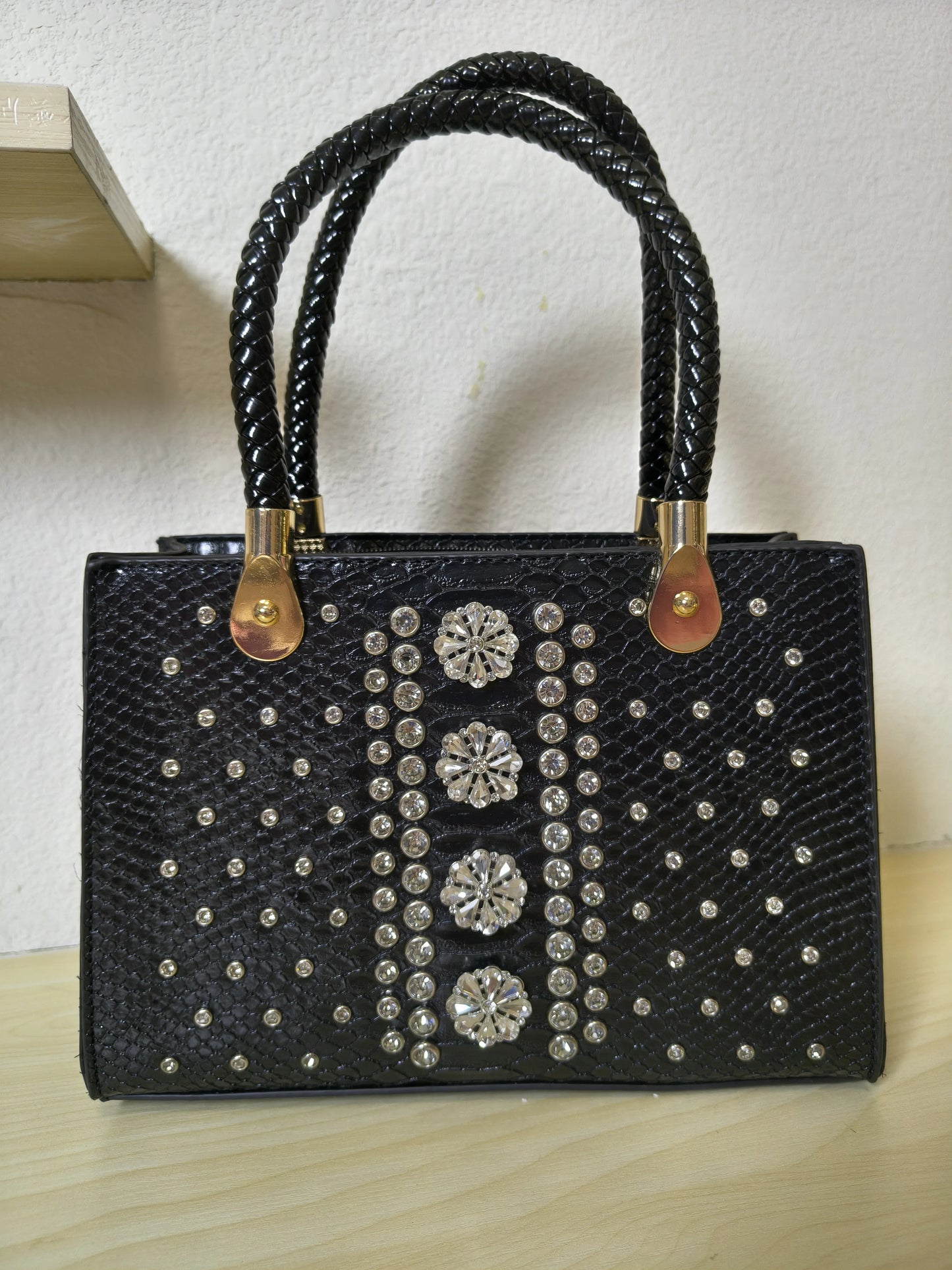 Black Structured Python Embossed Crystal Flower Tote Bag (E47)