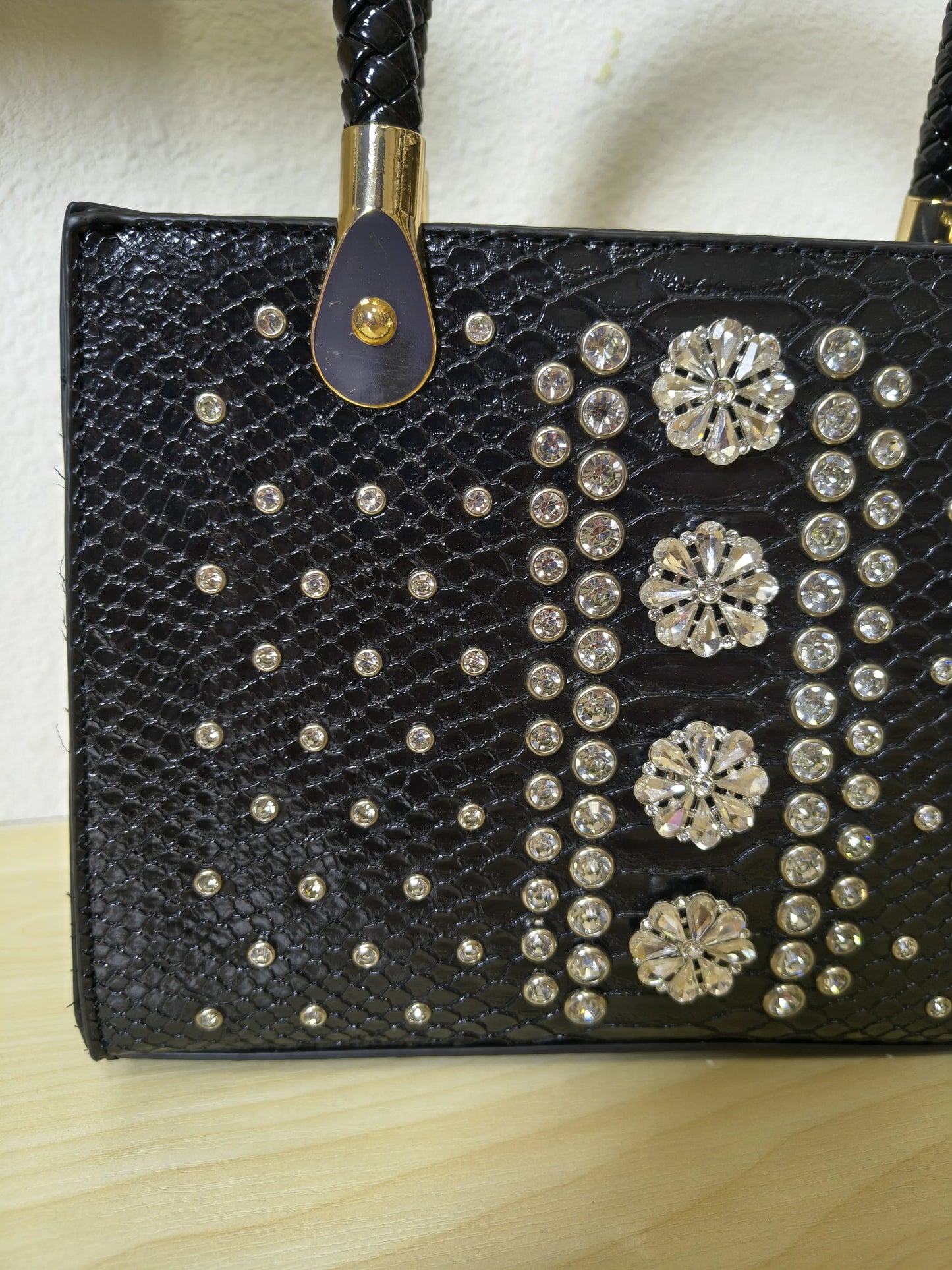Black Structured Python Embossed Crystal Flower Tote Bag (E47)