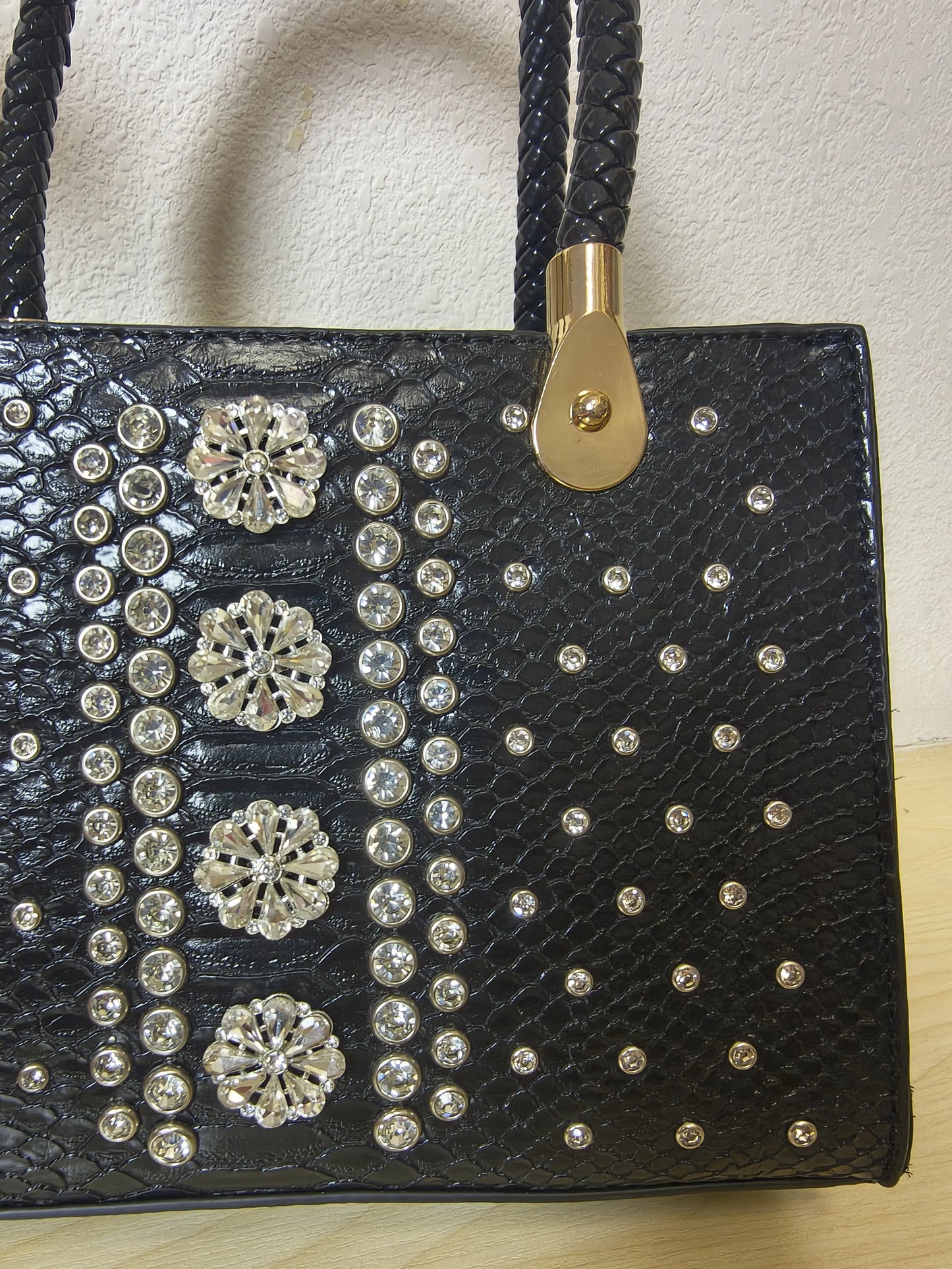 Black Structured Python Embossed Crystal Flower Tote Bag (E47)