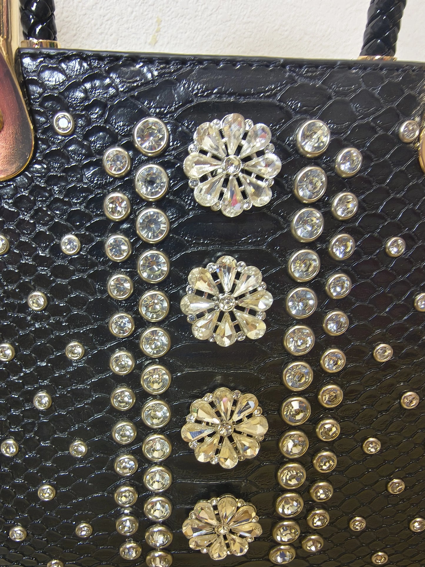 Black Structured Python Embossed Crystal Flower Tote Bag (E47)
