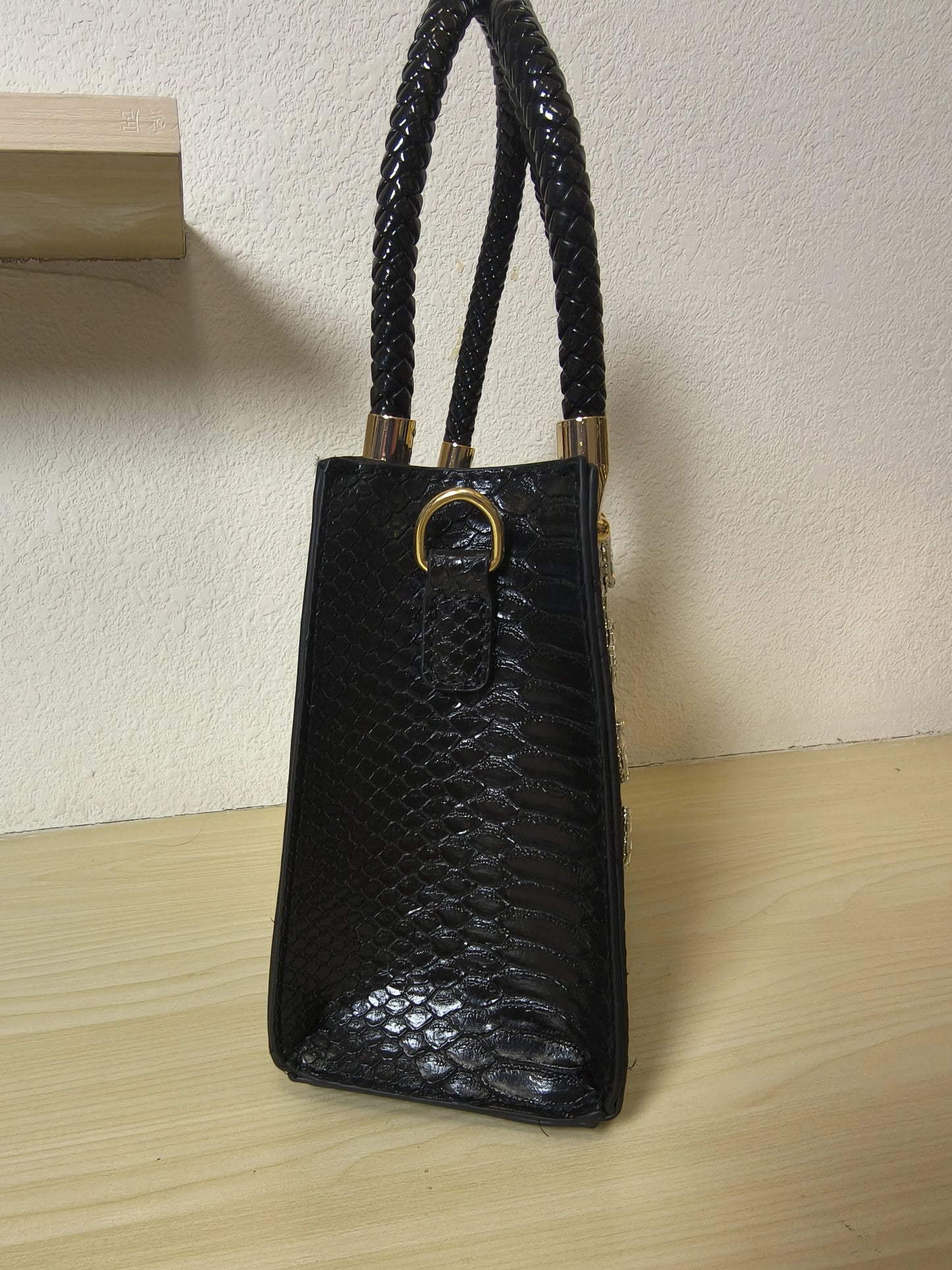 Black Structured Python Embossed Crystal Flower Tote Bag (E47)
