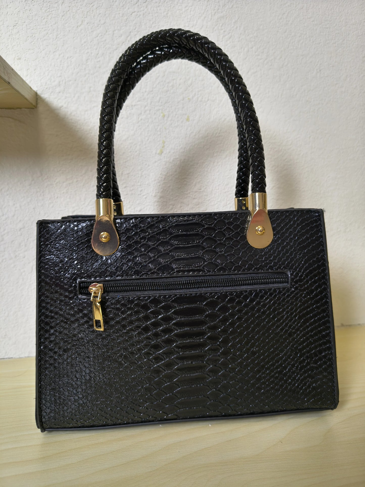 Black Structured Python Embossed Crystal Flower Tote Bag (E47)