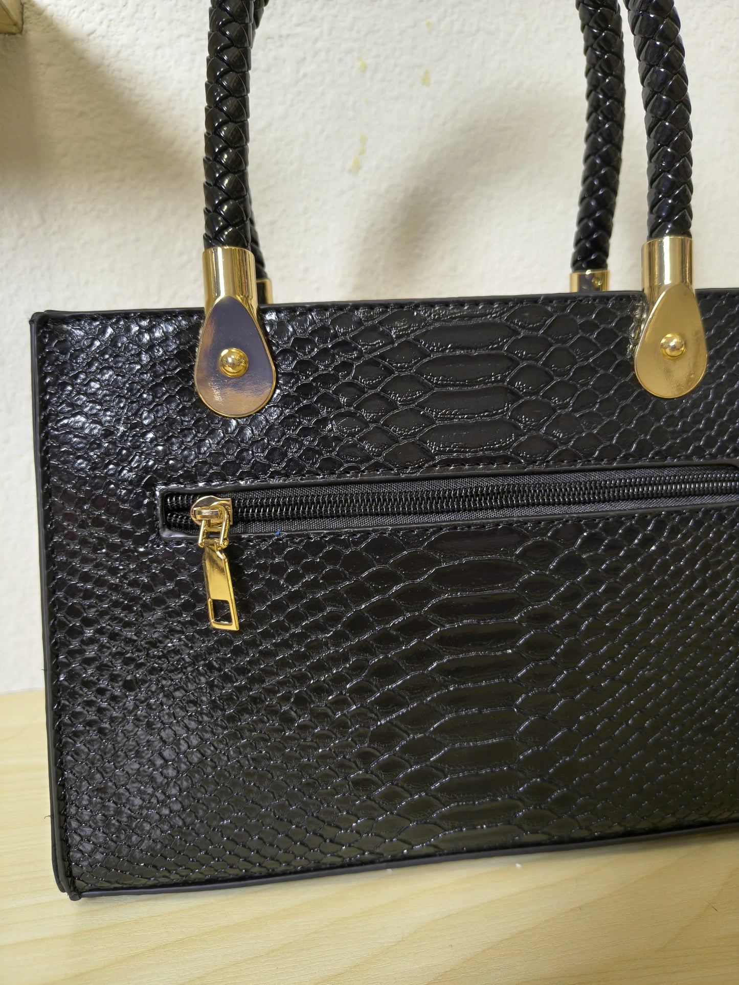 Black Structured Python Embossed Crystal Flower Tote Bag (E47)