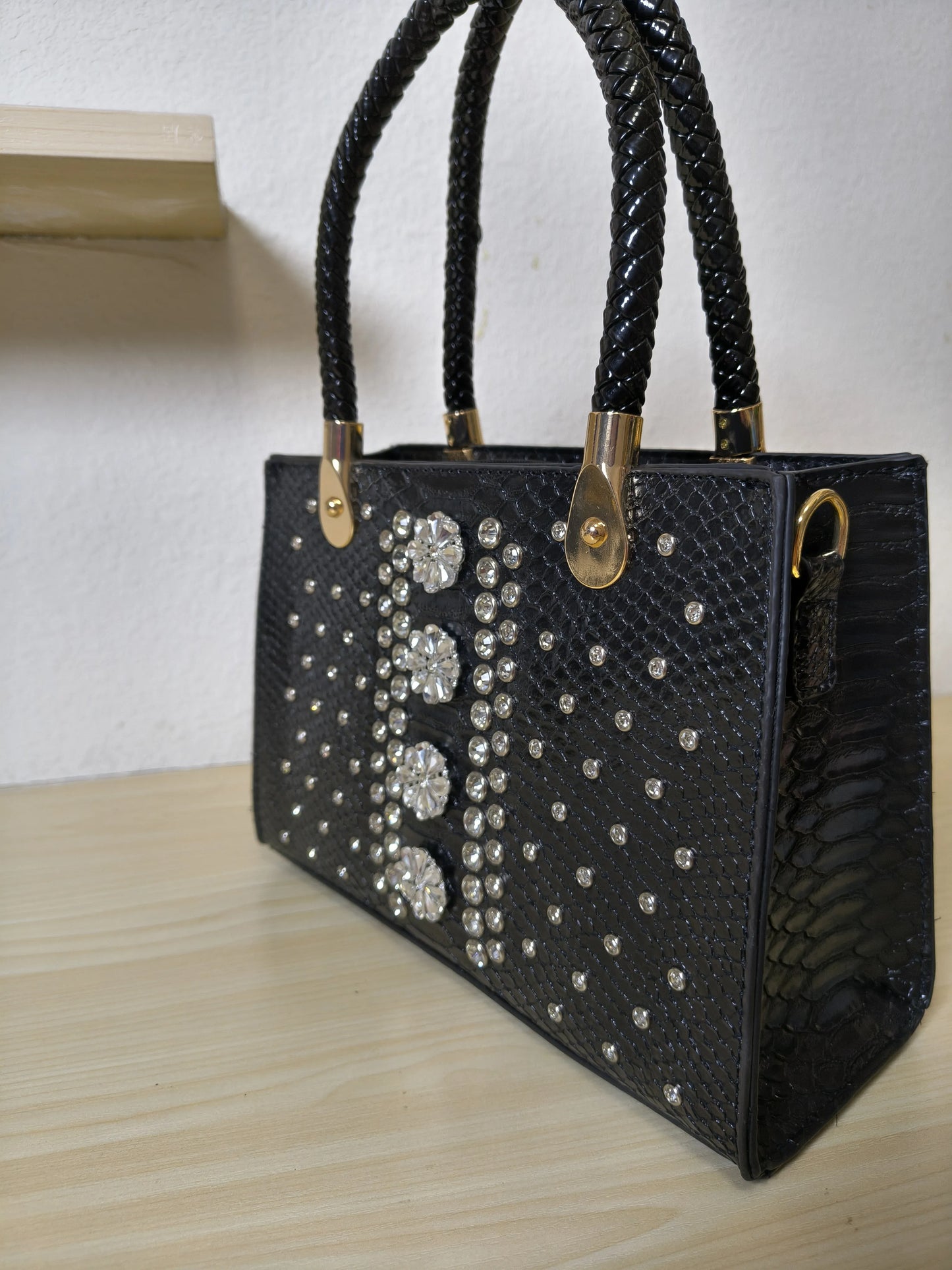Black Structured Python Embossed Crystal Flower Tote Bag (E47)