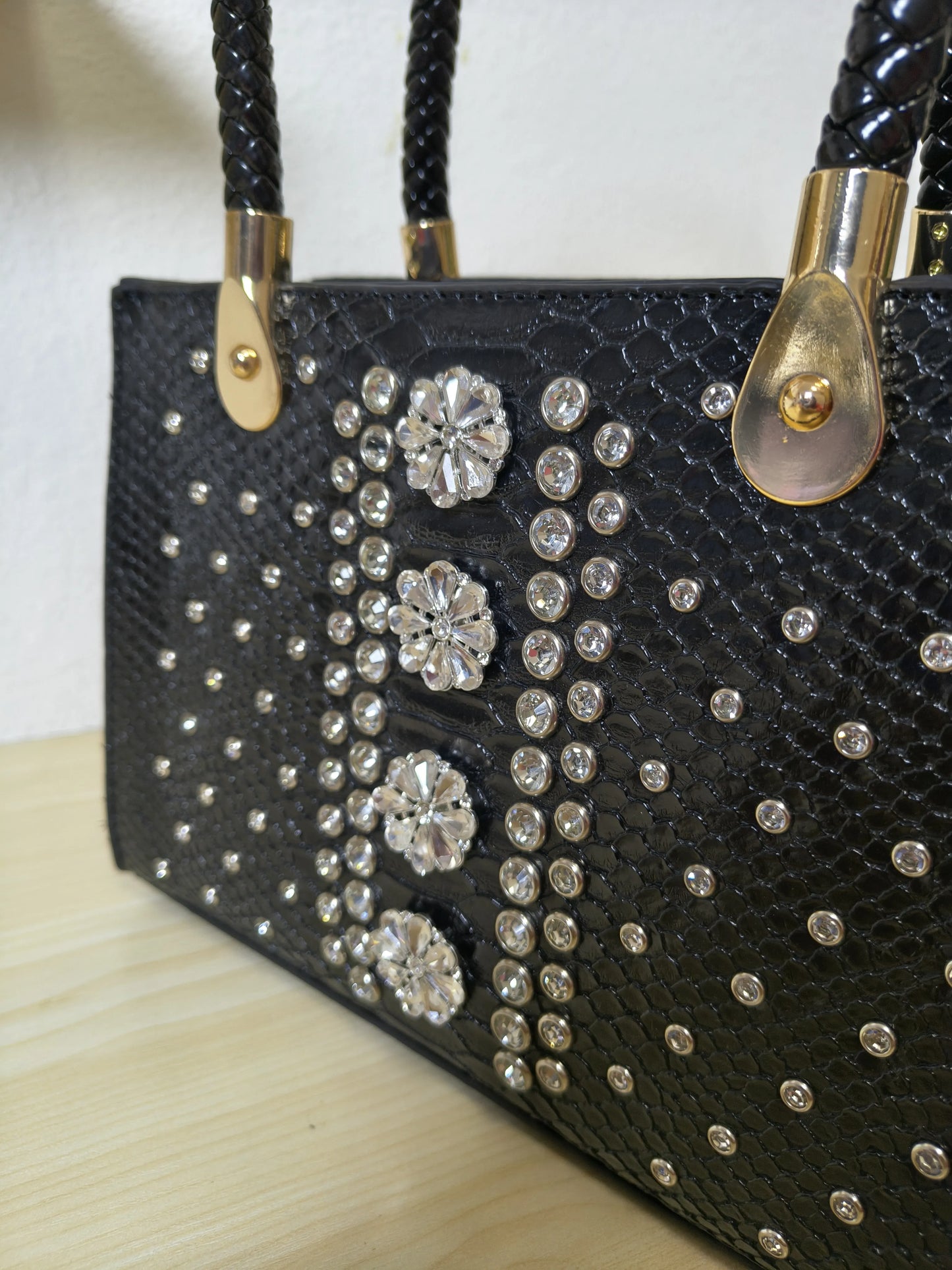 Black Structured Python Embossed Crystal Flower Tote Bag (E47)