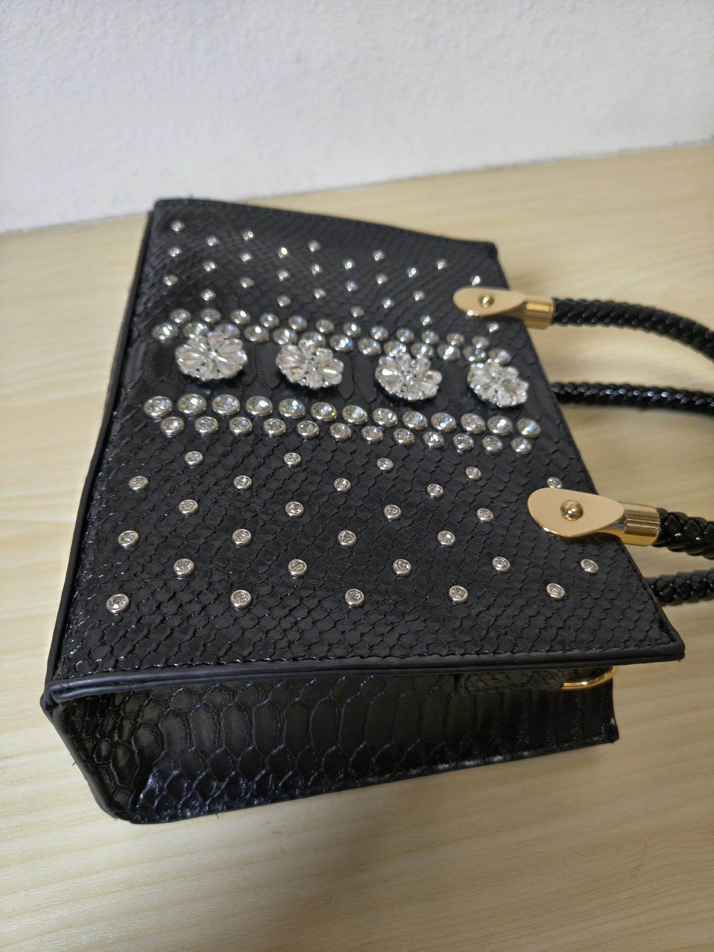 Black Structured Python Embossed Crystal Flower Tote Bag (E47)