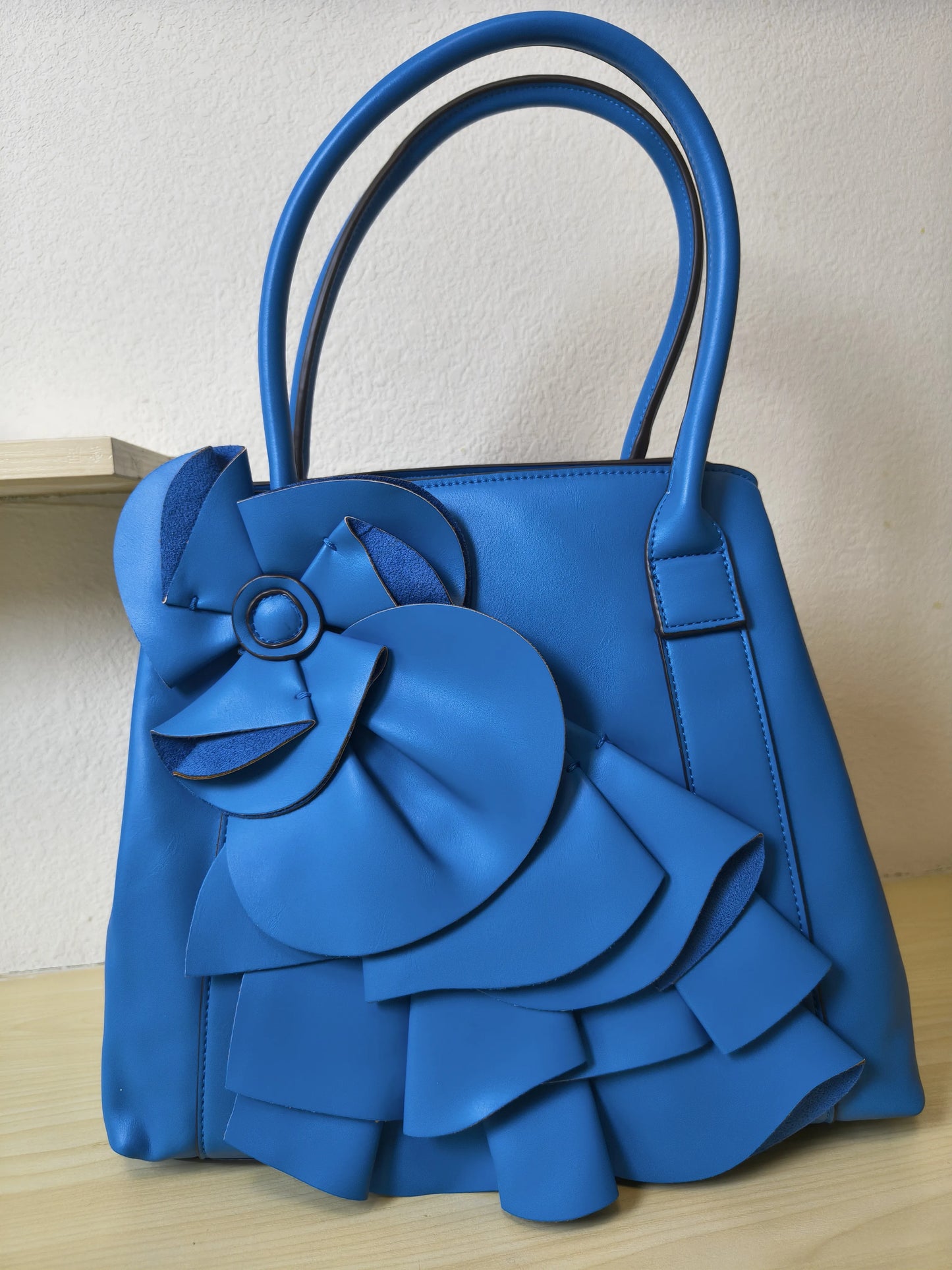 Elegant Blue Structured 3D Floral Tote Bag (E49)