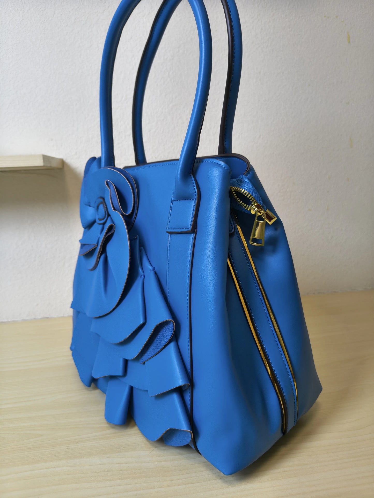 Elegant Blue Structured 3D Floral Tote Bag (E49)
