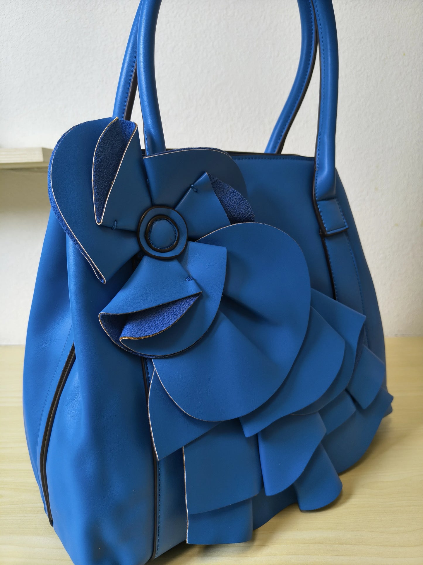 Elegant Blue Structured 3D Floral Tote Bag (E49)