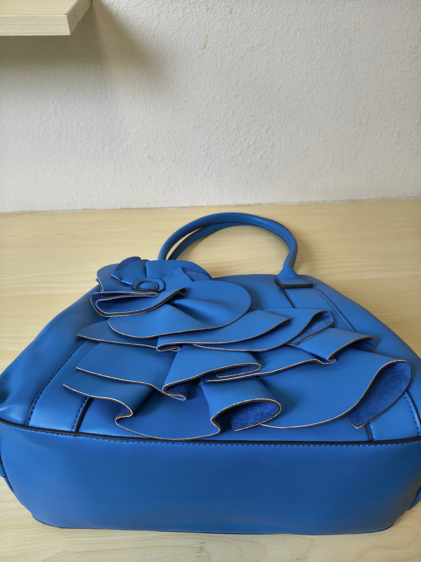 Elegant Blue Structured 3D Floral Tote Bag (E49)