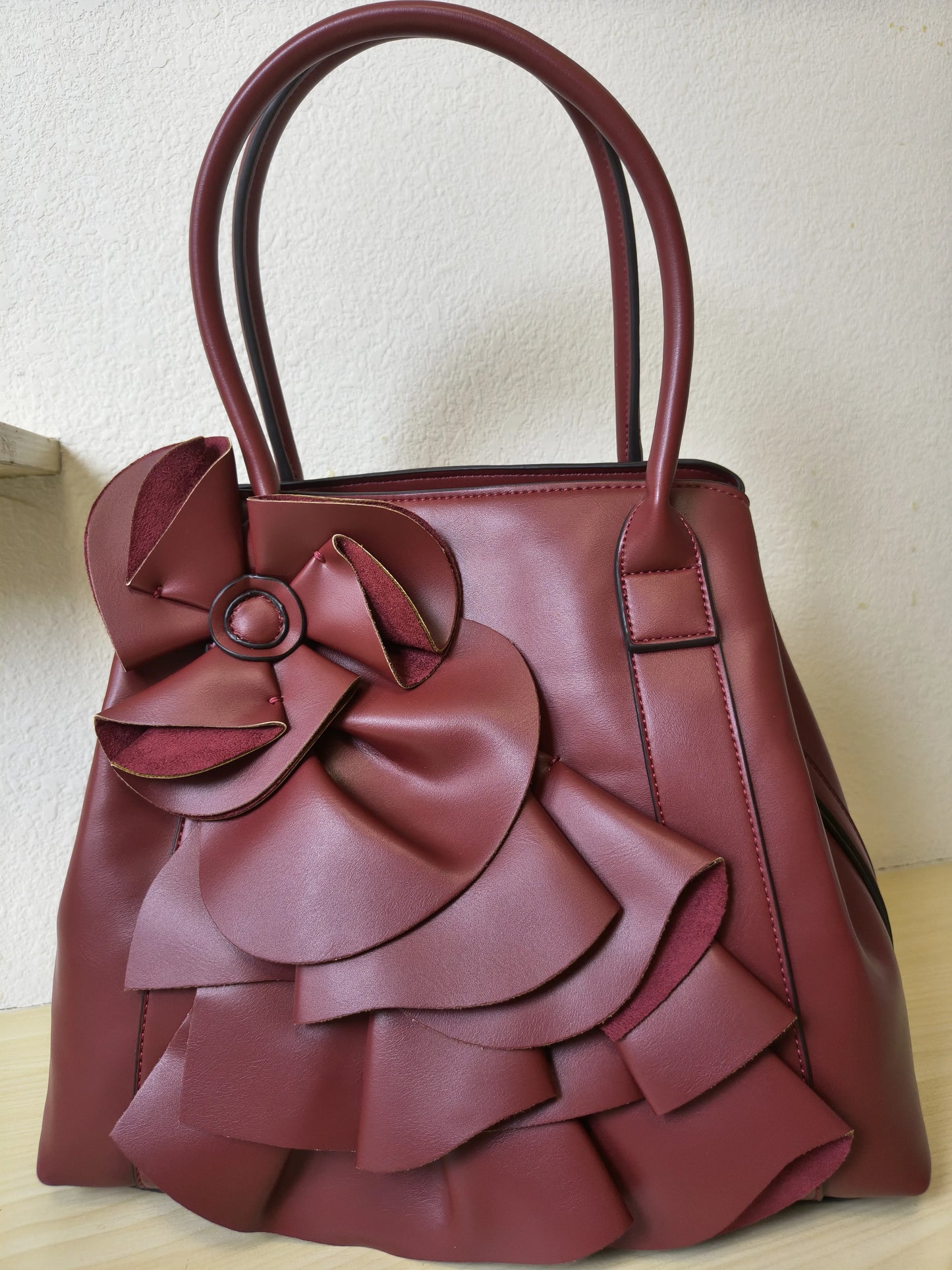 Burgundy Structured 3D Floral Tote Bag (E50)