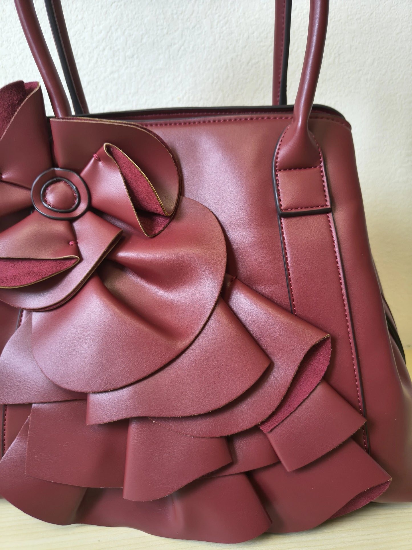 Burgundy Structured 3D Floral Tote Bag (E50)