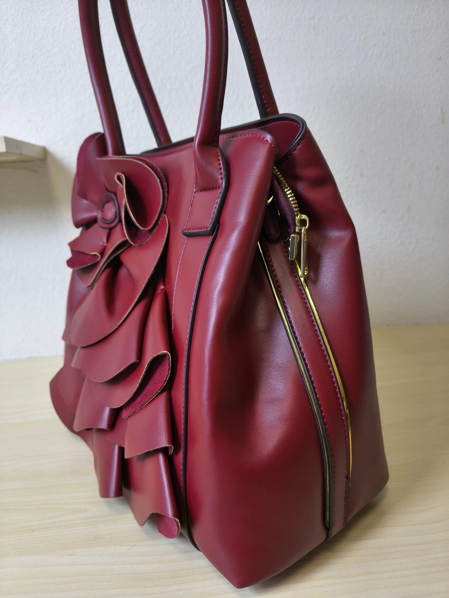 Burgundy Structured 3D Floral Tote Bag (E50)