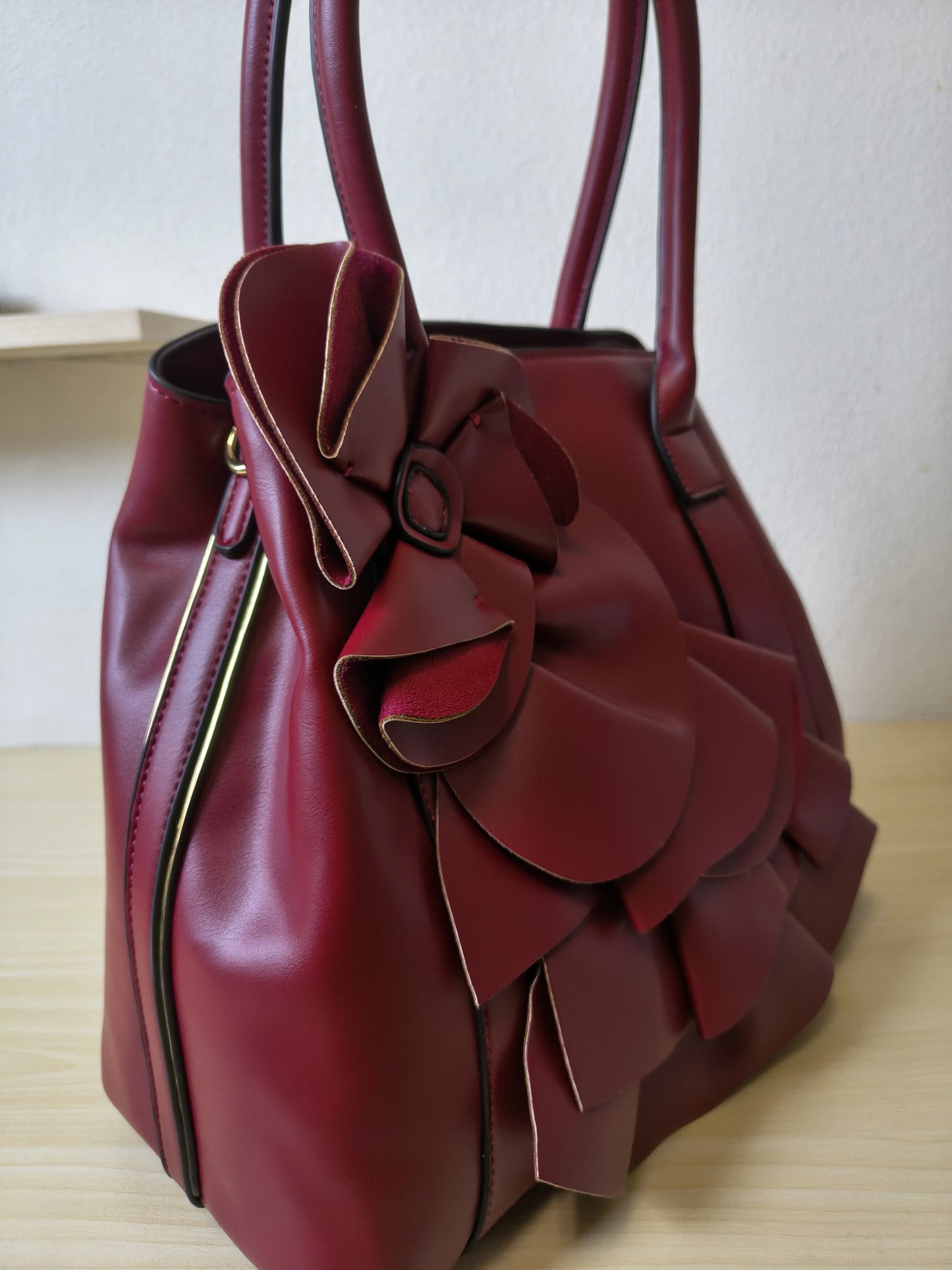 Burgundy Structured 3D Floral Tote Bag (E50)