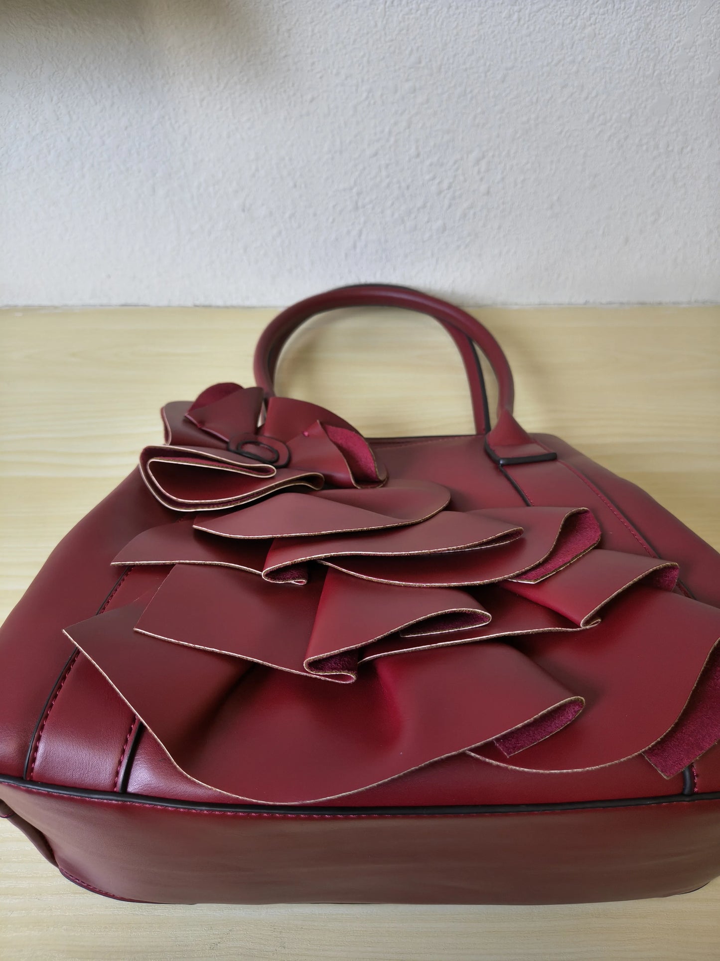 Burgundy Structured 3D Floral Tote Bag (E50)