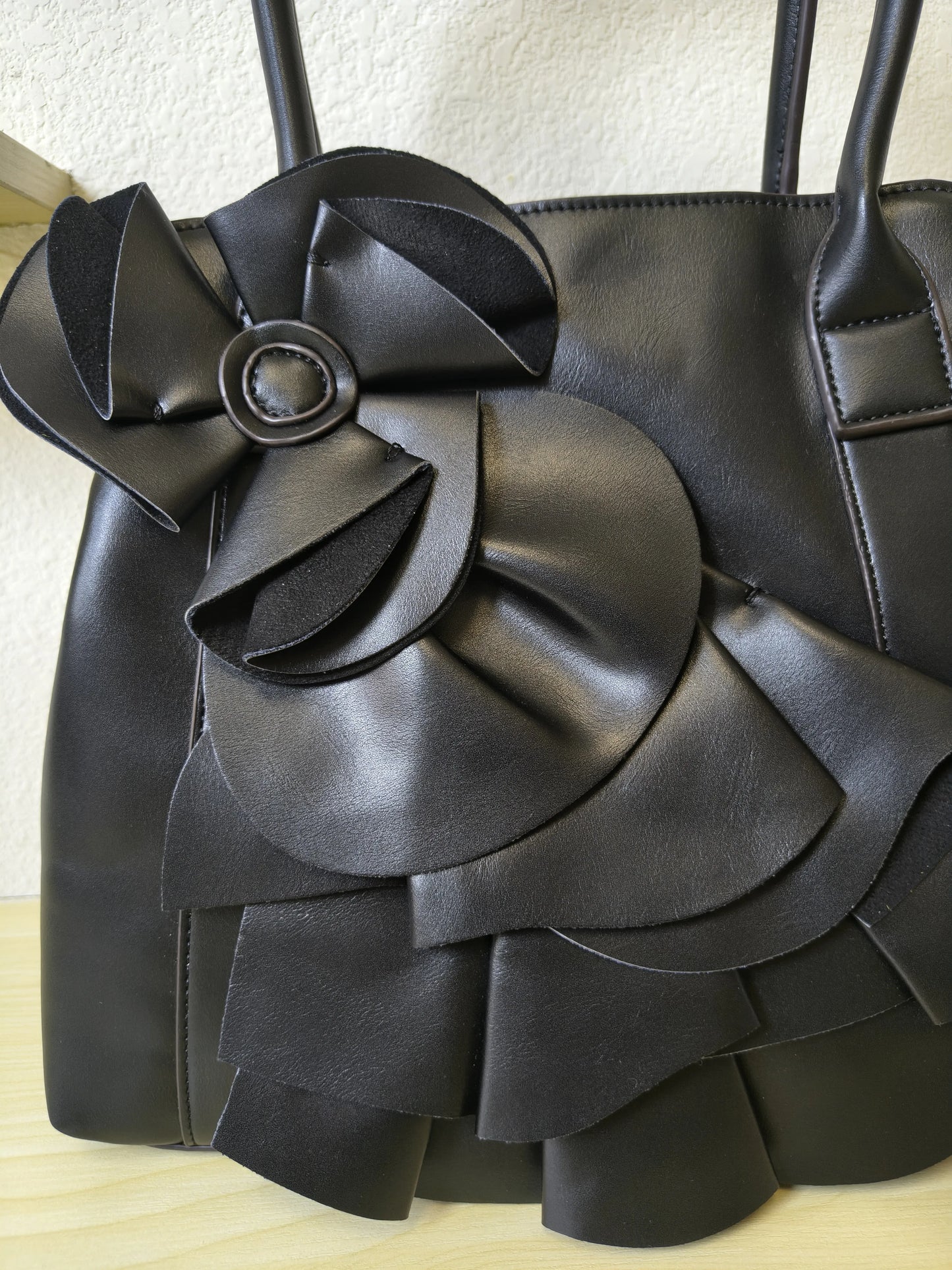 Classic Black Structured 3D Floral Tote Bag (E51)