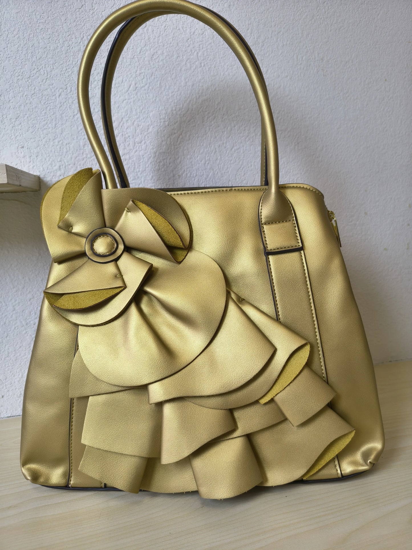 Luxury Gold Structured 3D Floral Tote Bag (E52)