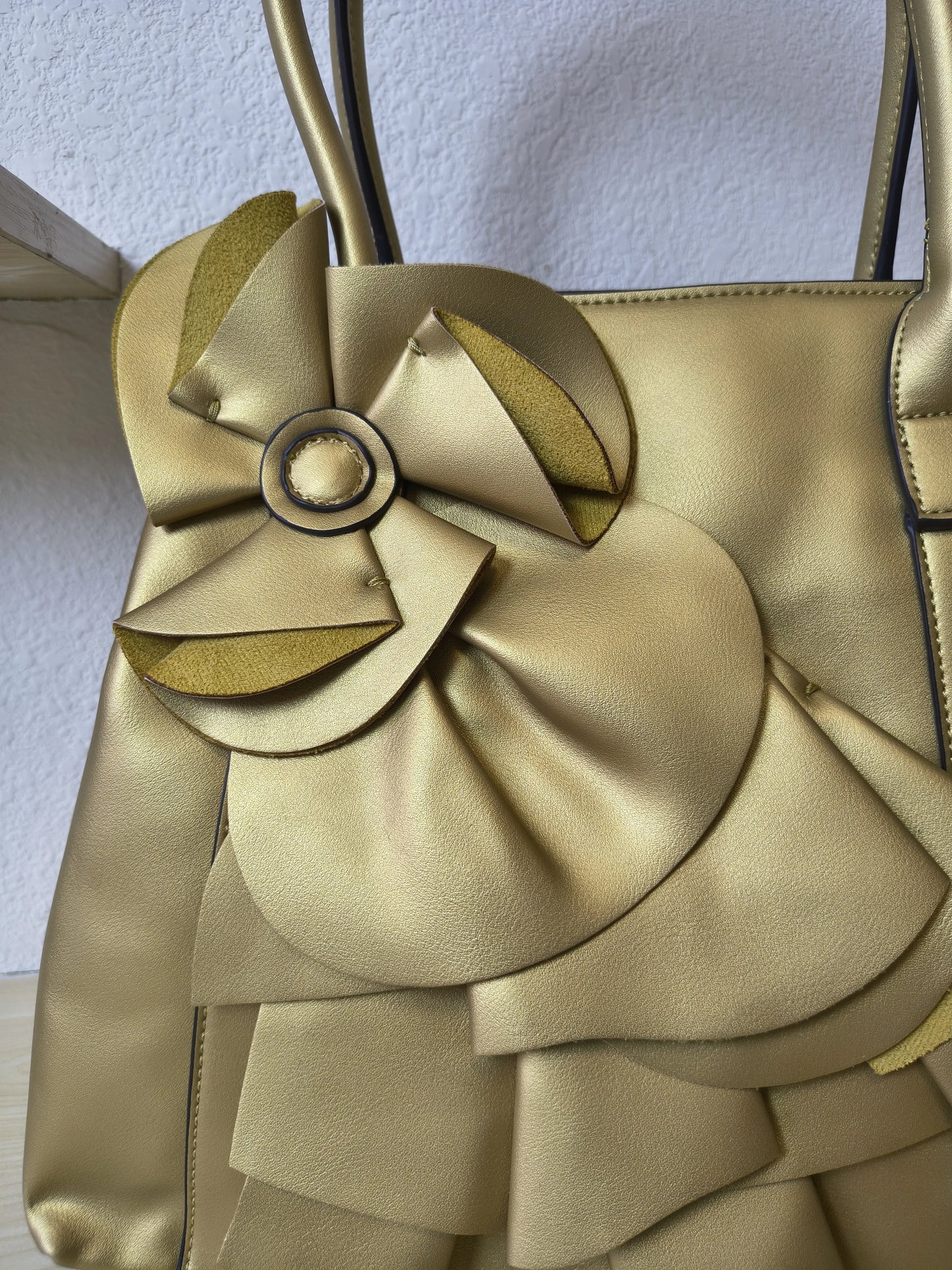 Luxury Gold Structured 3D Floral Tote Bag (E52)