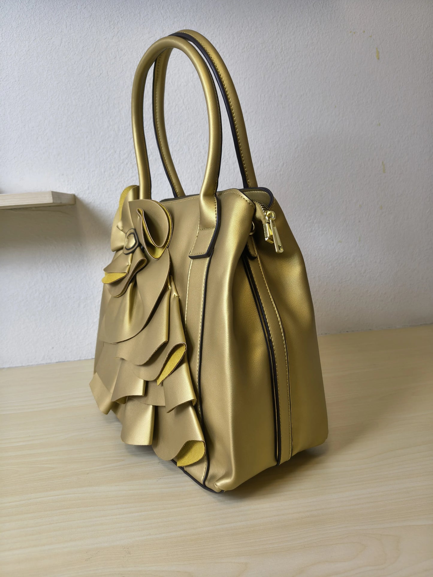 Luxury Gold Structured 3D Floral Tote Bag (E52)