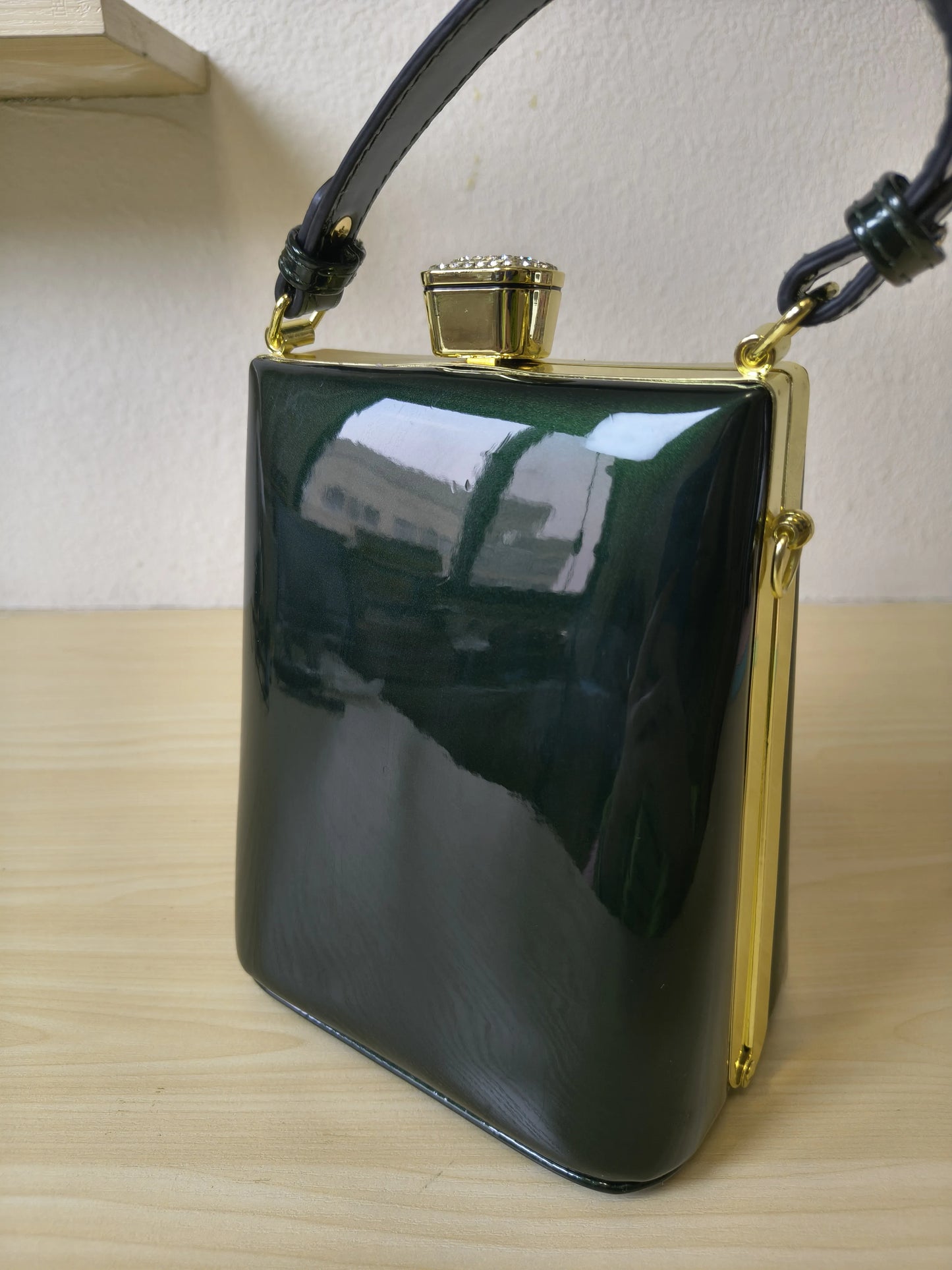 Deep Emerald Green Structured Rhinestone Frame Box Bag (E54)