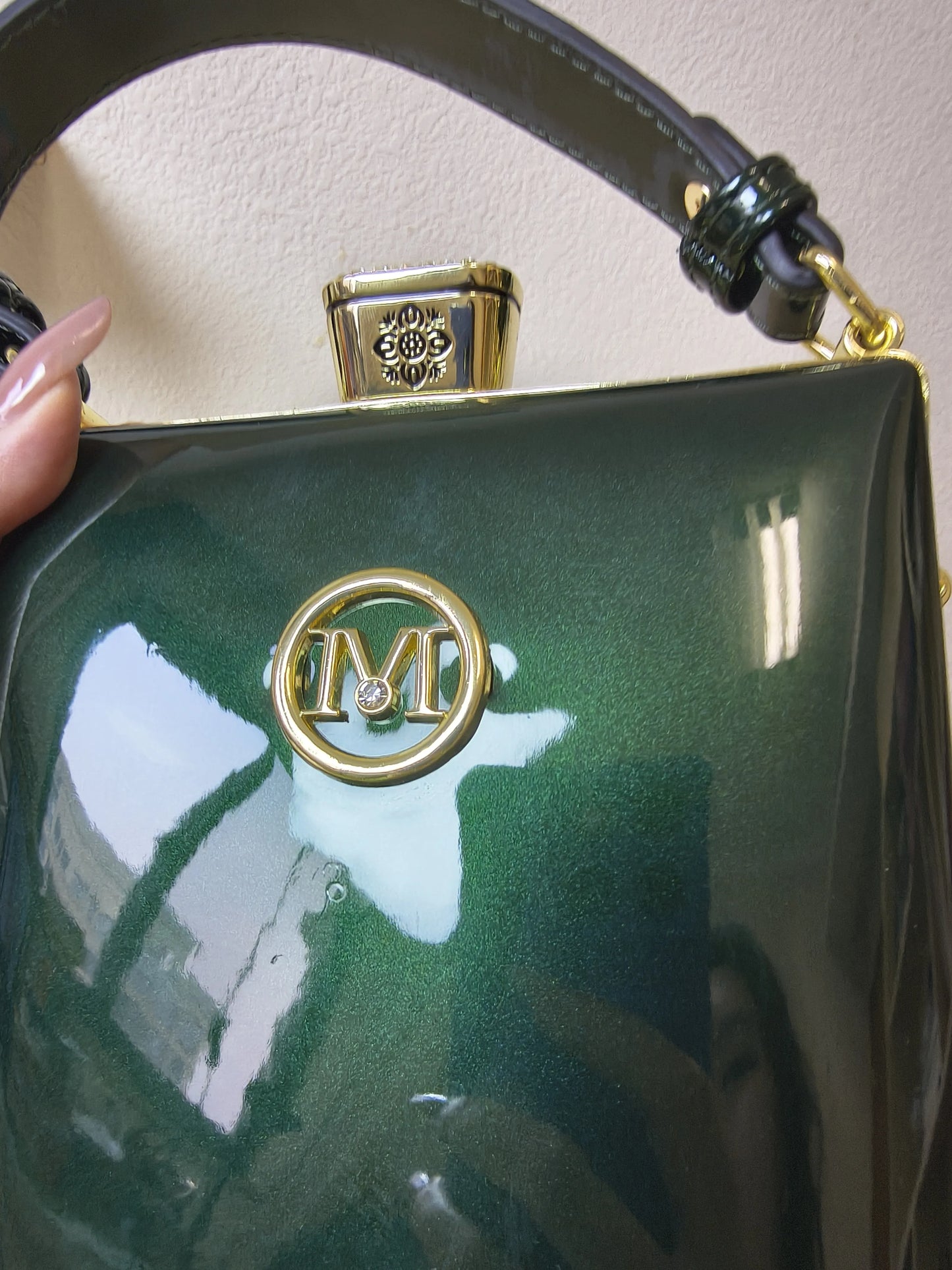 Deep Emerald Green Structured Rhinestone Frame Box Bag (E54)