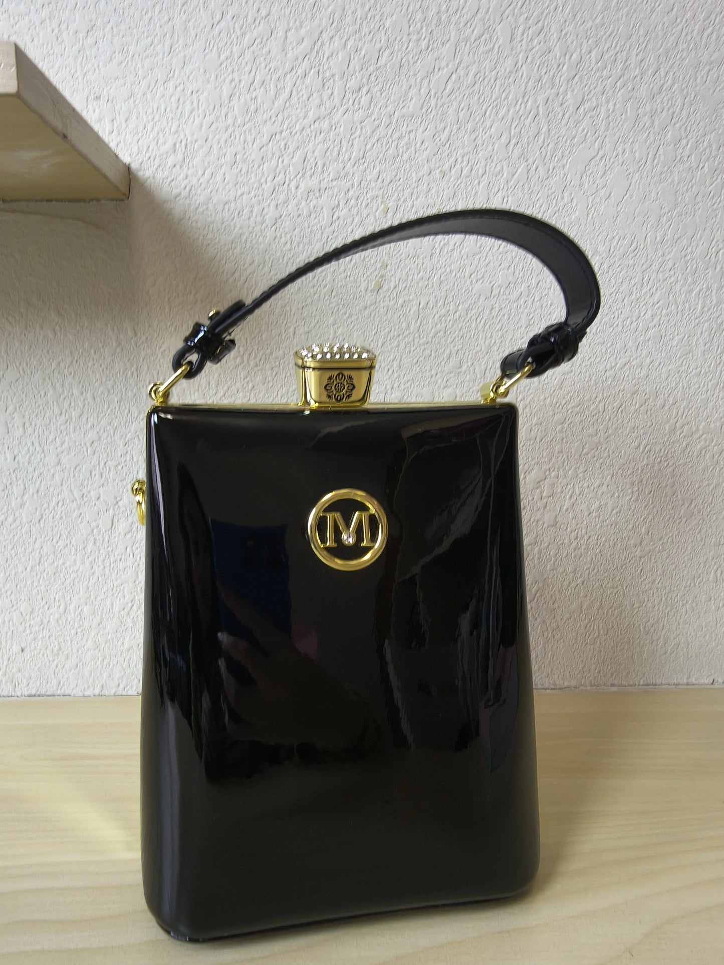 Classic Black Structured Rhinestone Frame Box Bag (E55)