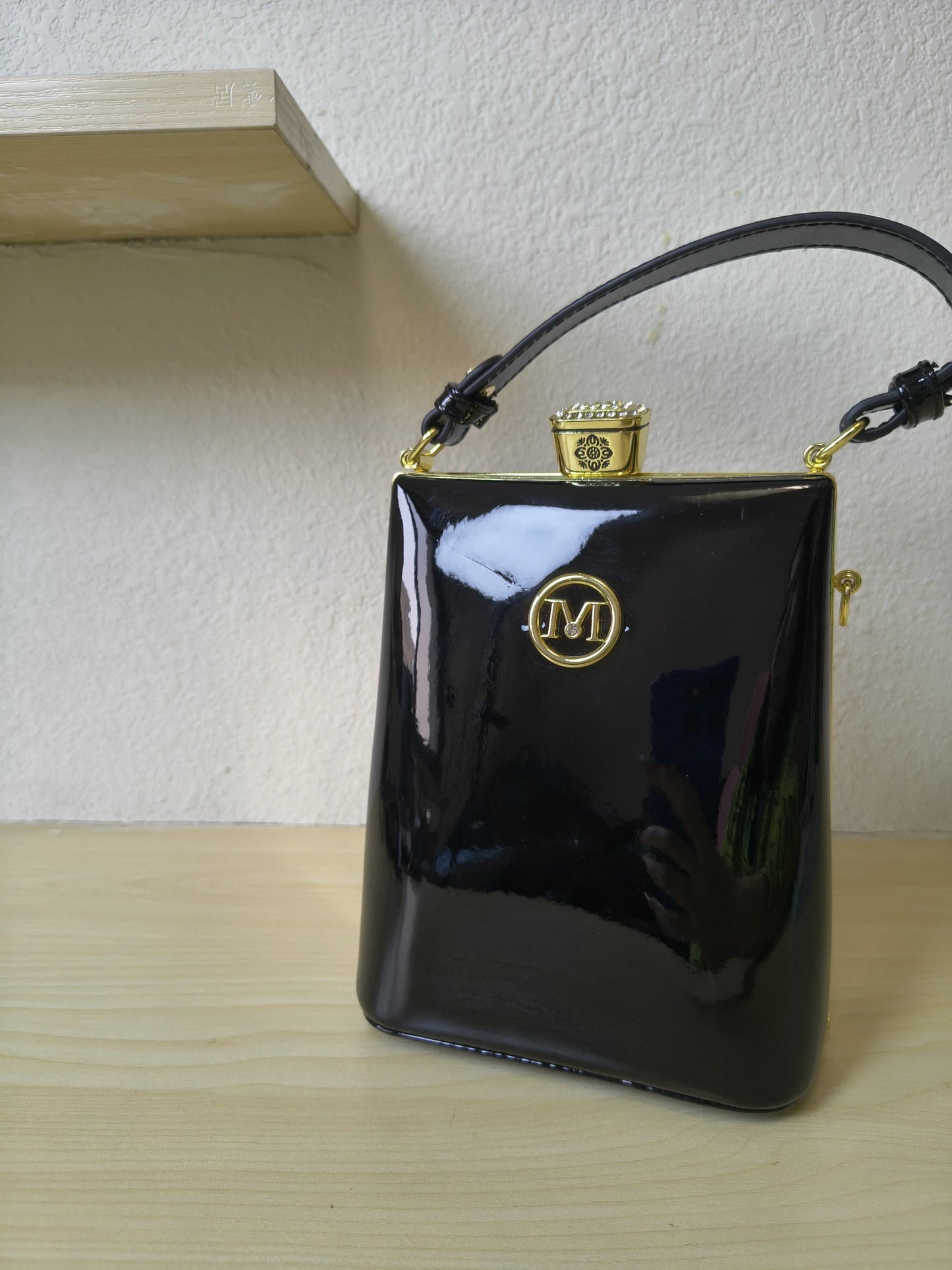 Classic Black Structured Rhinestone Frame Box Bag (E55)